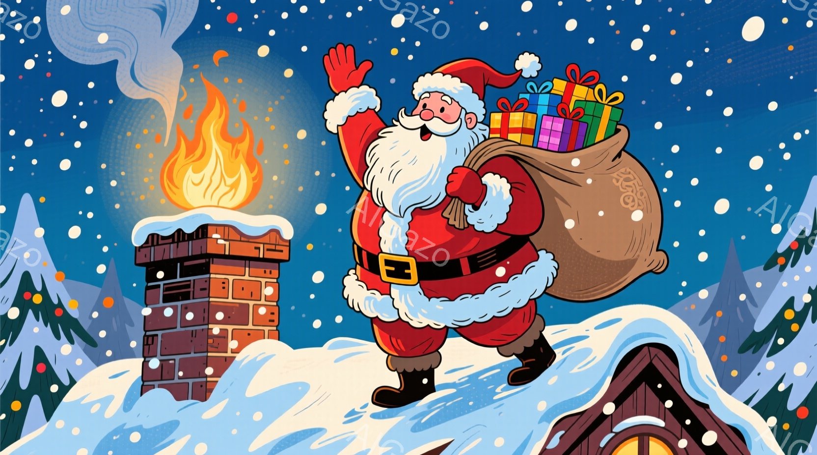 サンタクロースは、赤いスーツと白い毛皮の縁取りが施された服を着て、大きな袋いっぱいのプレゼントを肩に担いでいます。彼は笑顔で手を振っており、暖炉の煙突から出てきたばかりのようです。背景には雪で覆われた - AI生成フリー素材