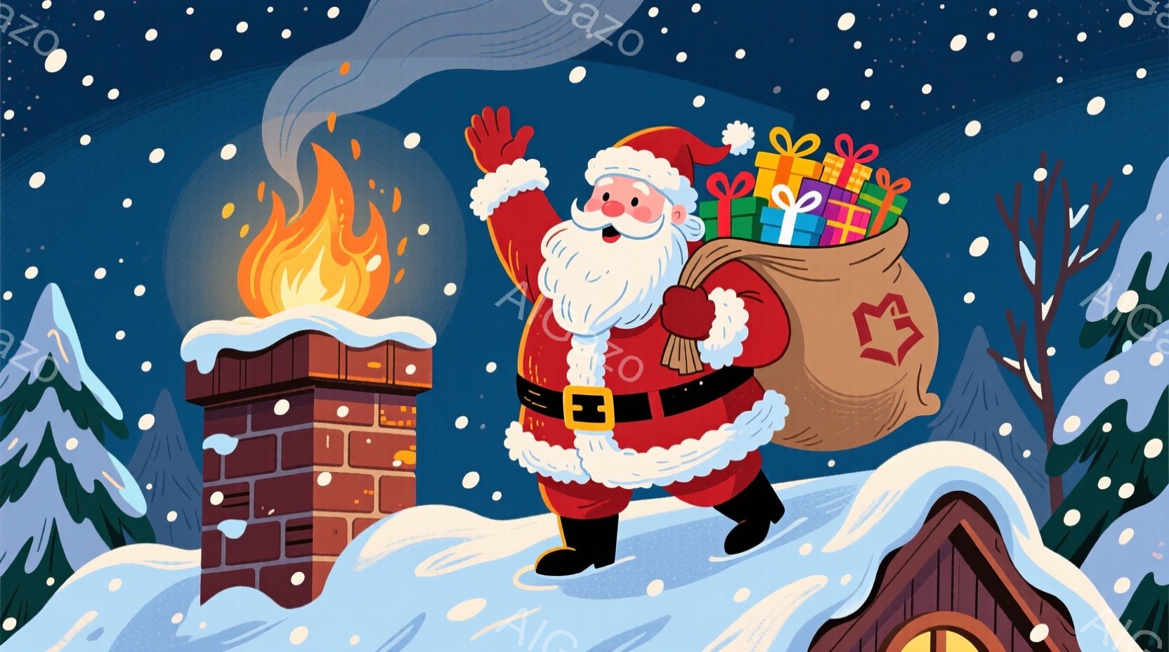サンタクロースが煙突から出てくる様子が描かれています。赤い衣装に白い毛皮の縁取りがあり、黒いベルトで締められています。背景には雪景色と暗い青色の空が広がり、クリスマスツリーのような針葉樹も見え、全体的 - AI生成フリー素材