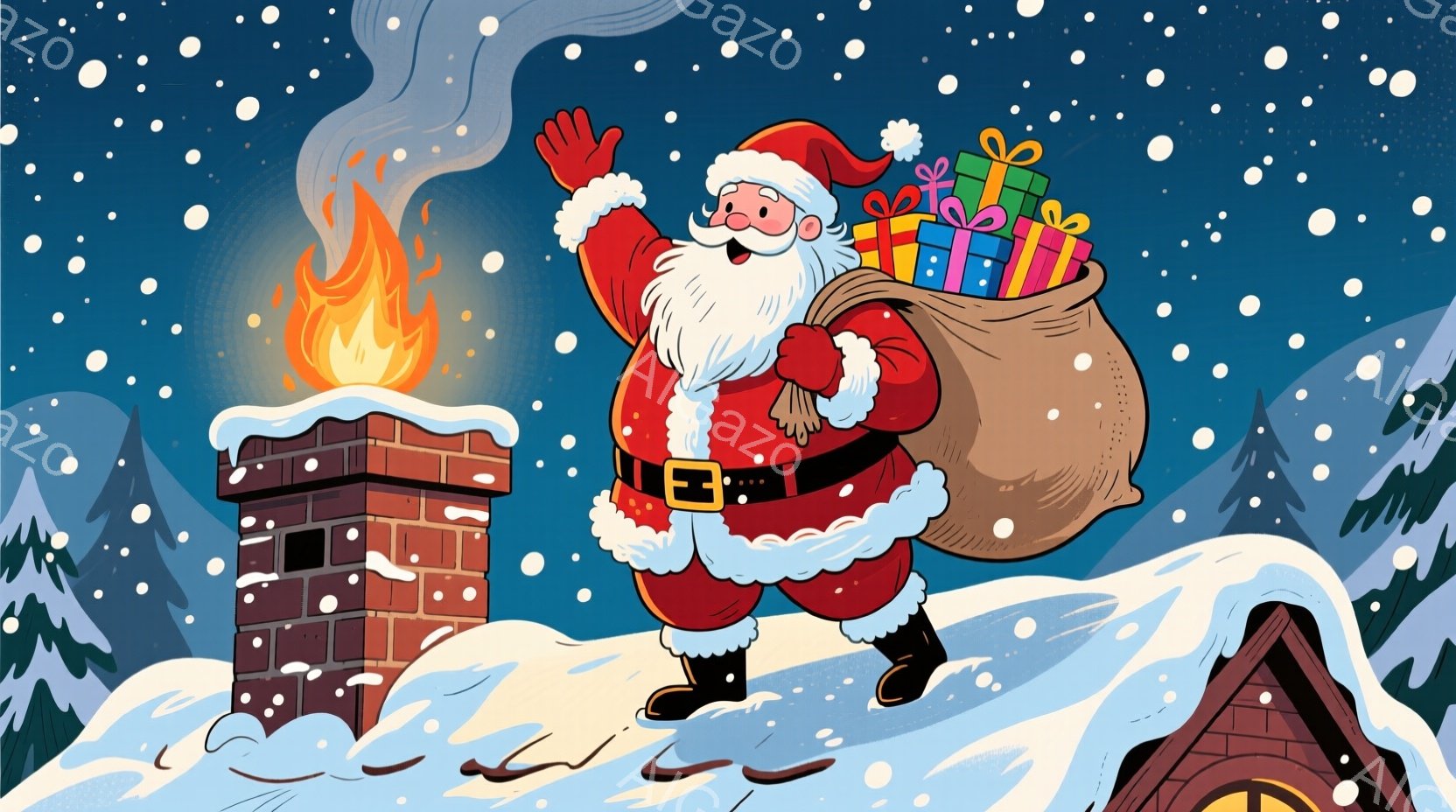 煙突の上には、赤い服と白い毛皮の縁取りが施されたサンタクロースが立っており、片手を上げて喜びの表情を浮かべています。彼は大きな麻袋を肩に担いでおり、中にはカラフルなプレゼントが詰まっています。背景は雪 - AI生成フリー素材