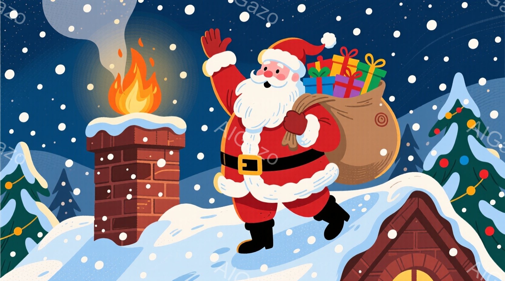 サンタクロースは赤い服を着て、白いフリルと毛皮の縁取りが施された衣装を身に着けています。彼は片手を上げて笑顔を見せ、大きな茶色の袋いっぱいのプレゼントを肩に担いでいます。背景にはレンガ造りの屋根、煙突 - AI生成フリー素材
