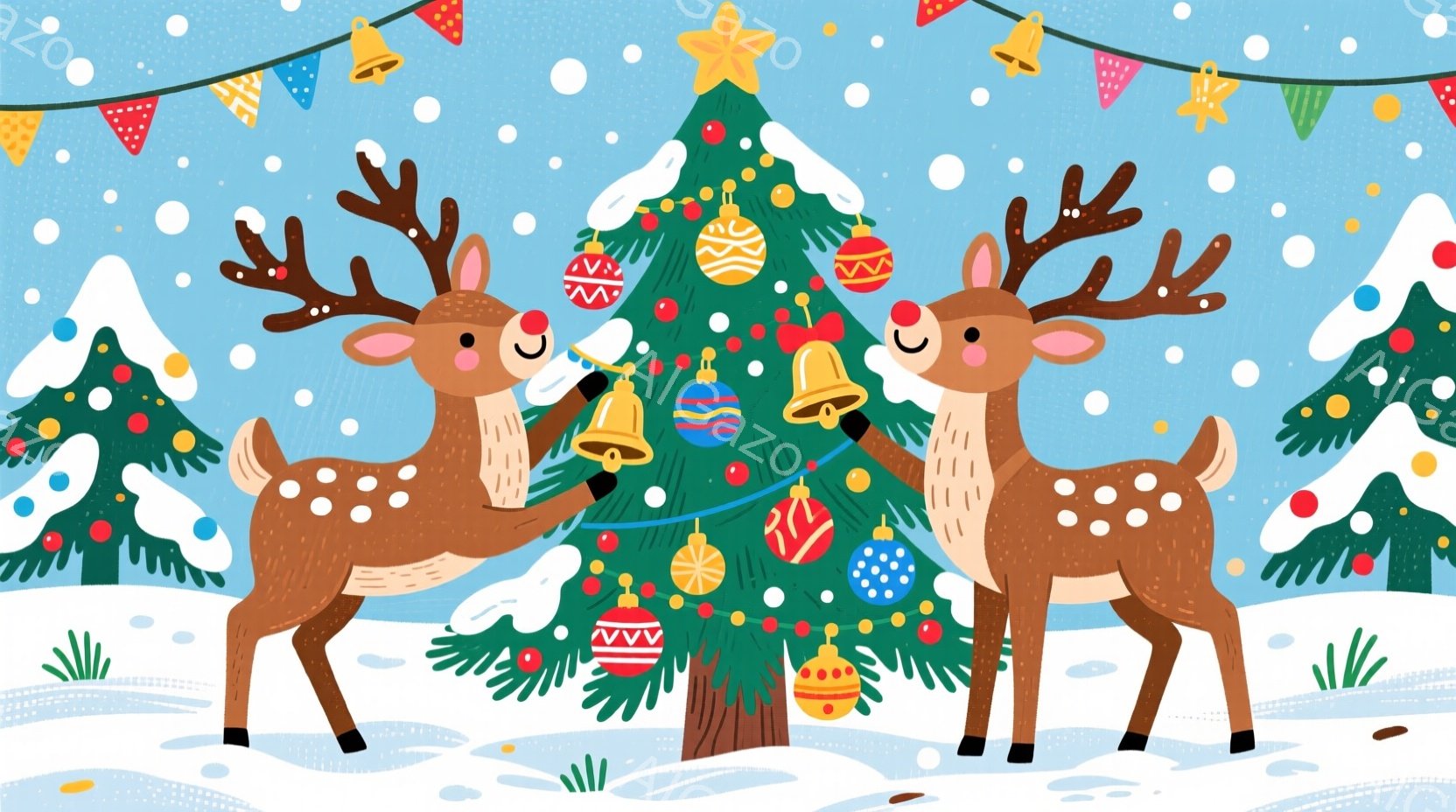 2匹のトナカイがクリスマスツリーの周りに立っており、片方のトナカイは星形のオーナメントを、もう片方のトナカイはベル型のオーナメントを飾り付けています。背景には雪景色が広がり、雪に覆われた松の木が点在し - AI生成フリー素材