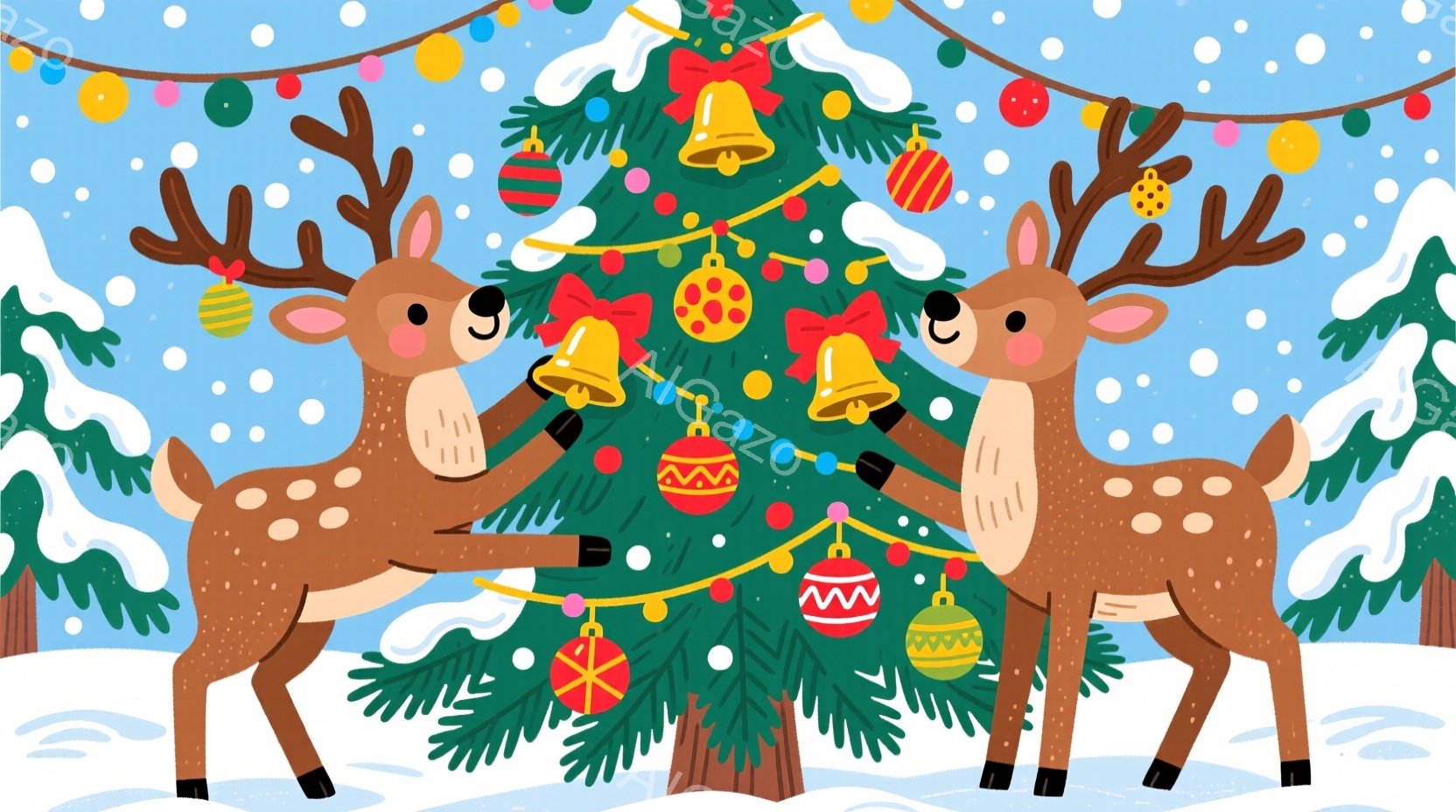 雪景色の中でクリスマスツリーを飾り付ける2頭の可愛らしい鹿が描かれています。 鹿たちは、赤い鼻と優しい表情をしており、クリスマスのオーナメントで飾られたツリーの周りを囲んでいます。 背景には雪が舞い、 - AI生成フリー素材