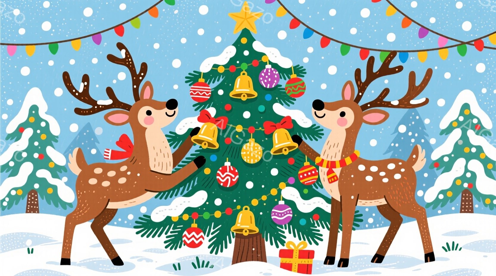 クリスマスツリーを中心に、2頭の可愛らしいトナカイが描かれています。トナカイは赤いリボンを首に巻き、穏やかな表情で互いに向き合っています。背景には雪が降り積もり、緑色の木々が配置され、全体的に温かく、 - AI生成フリー素材