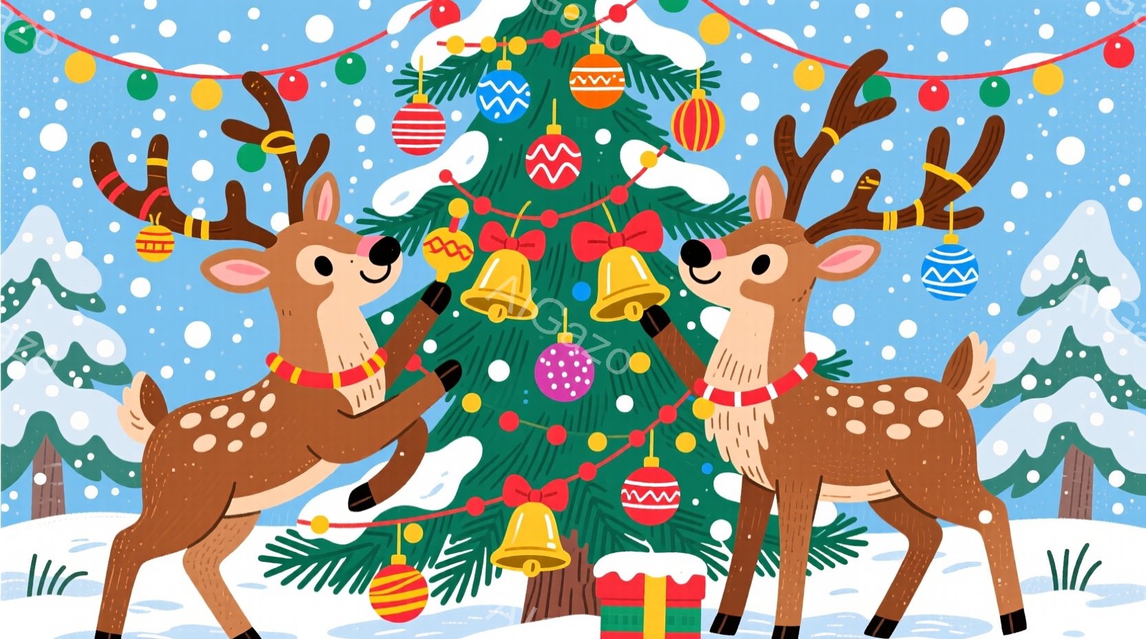 クリスマスをテーマにしたイラストで、2頭のトナカイがクリスマスツリーの周りに立っています。トナカイは赤い首輪をつけており、片方のトナカイはプレゼントを抱え、もう片方のトナカイは首を傾げています。背景に - AI生成フリー素材