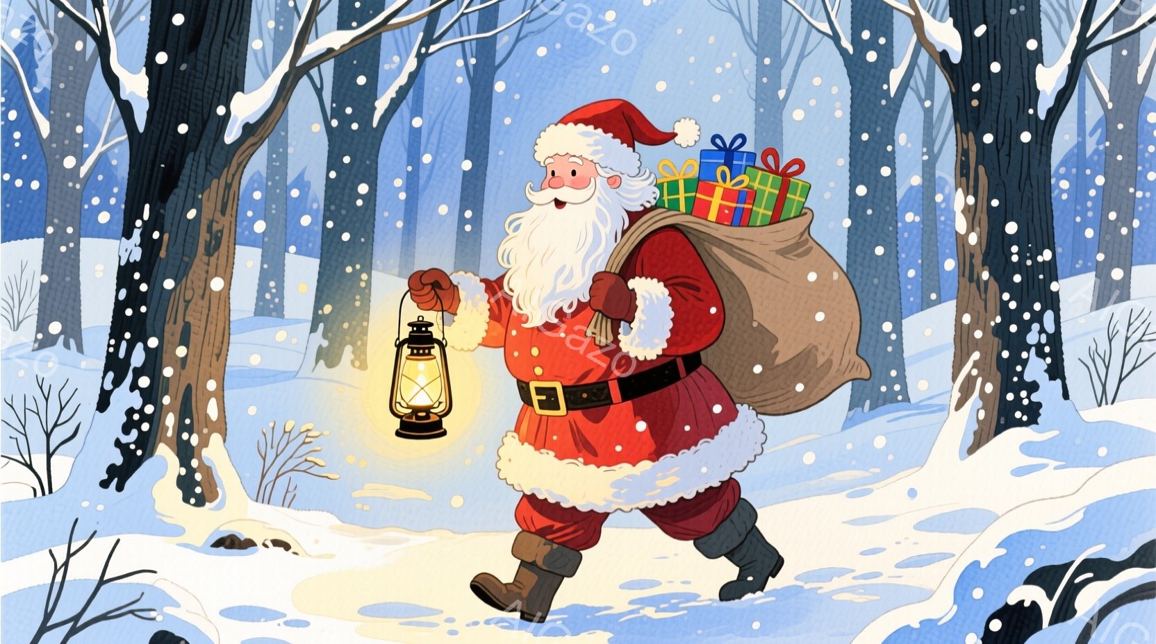 サンタクロースが赤い衣装と白いひげを蓄え、大きな袋を肩に担いで雪の中を歩いています。彼は黒いブーツを履き、片手に灯りを灯したランタンを持ち、優しい笑顔を浮かべています。背景には雪に覆われた木々が立ち並 - AI生成フリー素材