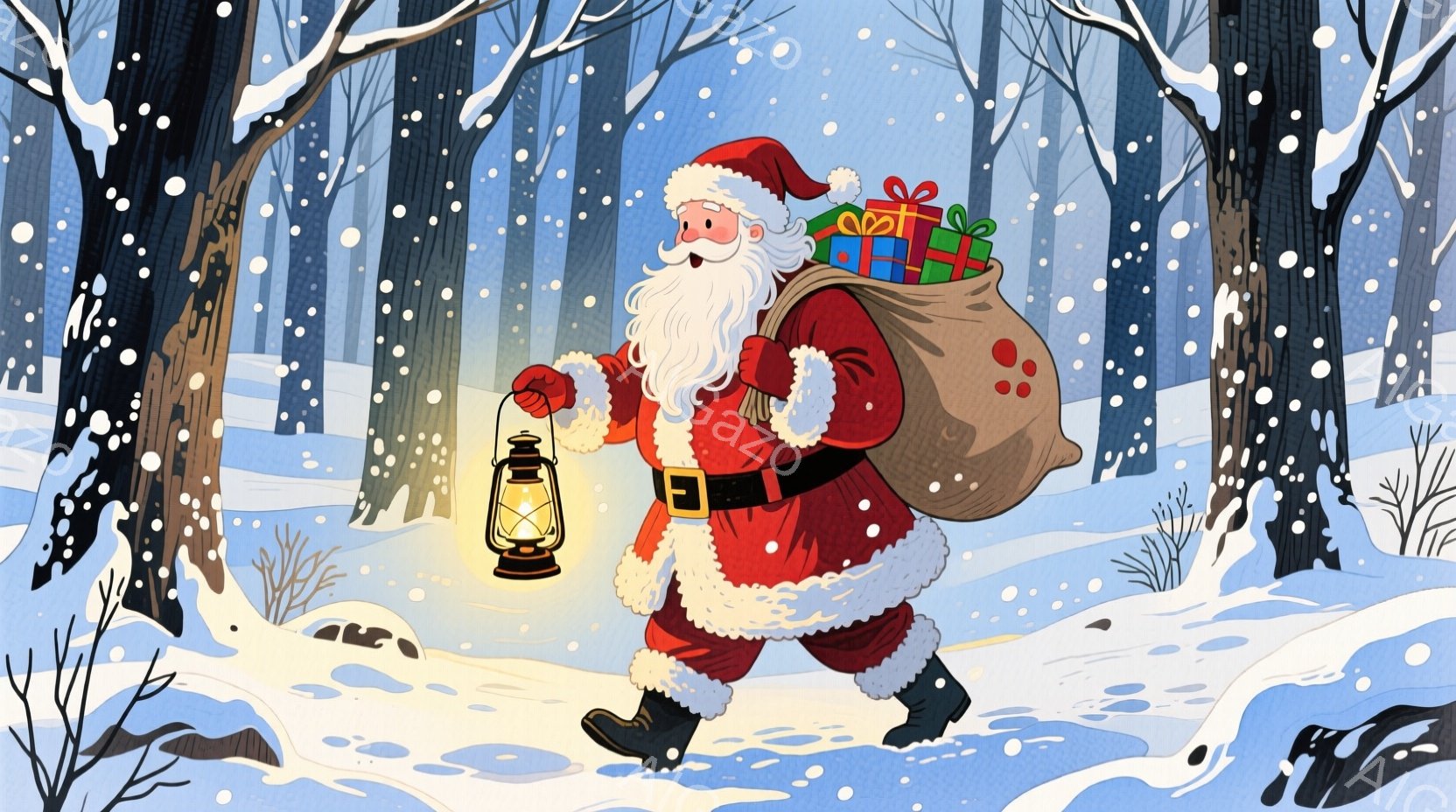 白いひげを蓄えたサンタクロースが、赤い衣装と黒いブーツを身につけ、肩に大きなプレゼント袋をかけて雪の中を歩いています。彼は片手にランタンを持ち、楽しそうな笑顔を浮かべています。背景には雪に覆われた木々 - AI生成フリー素材