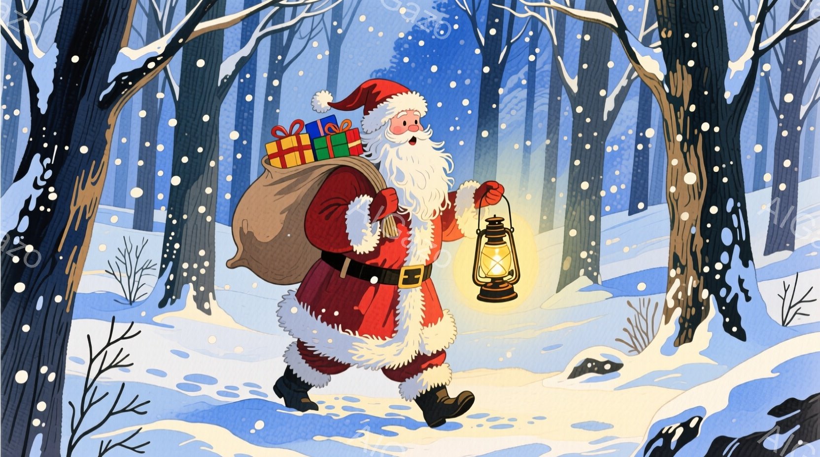 サンタクロースは、赤いジャケットとズボン、白い毛皮の縁取りが付いた伝統的な衣装を身に着けており、頭にはポンポンが付いた赤い帽子をかぶっています。彼は大きな麻袋を肩に担ぎ、片手には点灯したランタンを持っ - AI生成フリー素材