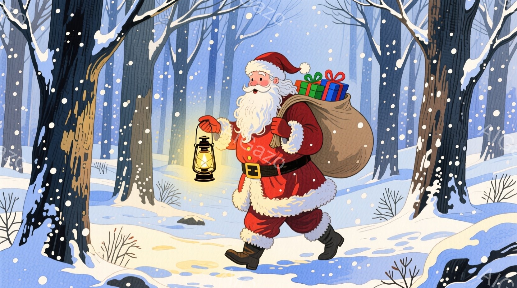 サンタクロースは赤い衣装に黒いブーツを履き、肩に大きなプレゼント袋を背負っています。彼は片手に提灯を持ち、雪に覆われた森の中を歩いています。背景には雪に覆われた木々が立ち並び、雪が舞う冬の雰囲気です。 - AI生成フリー素材