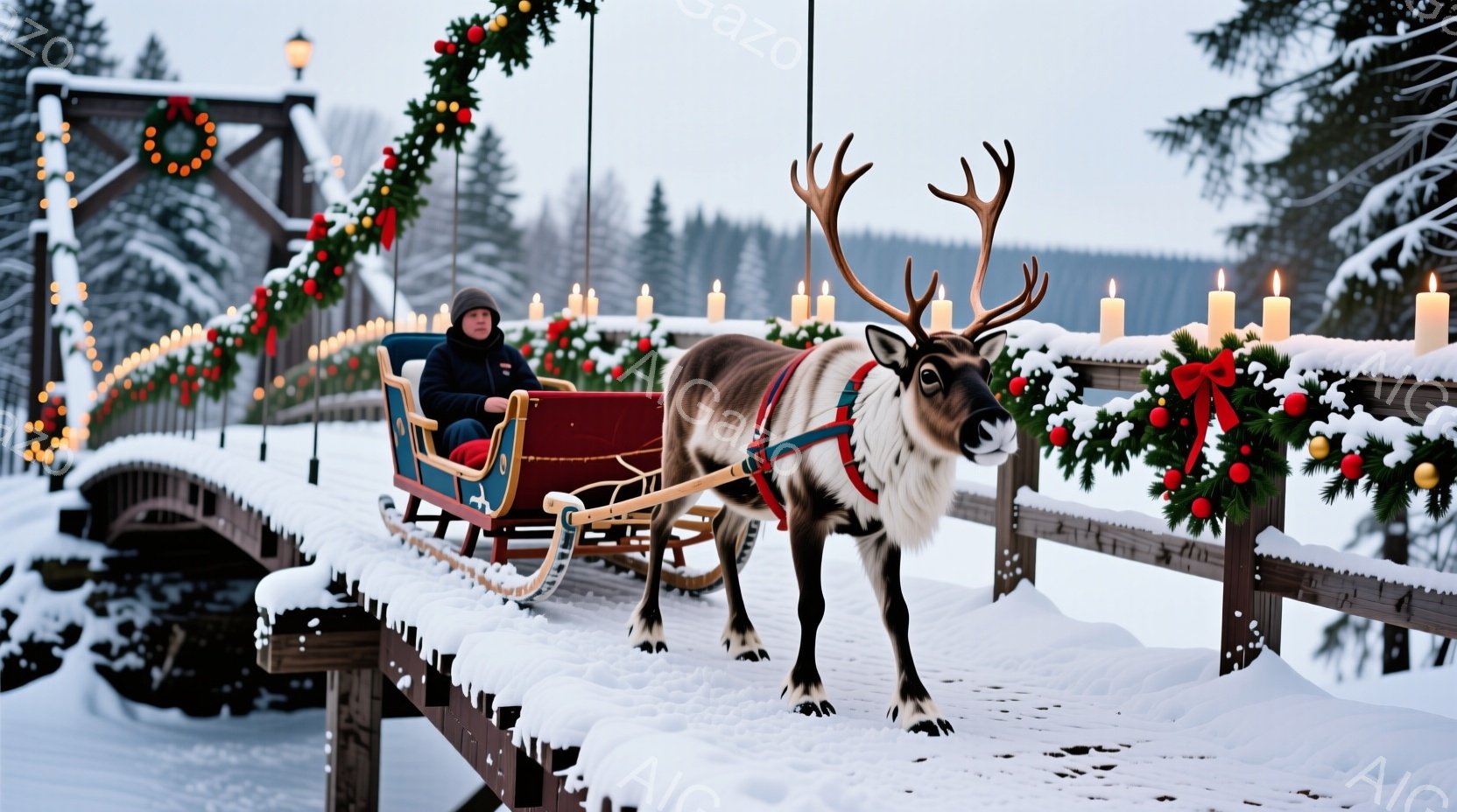 雪に覆われた木の橋の上で、赤いそりがトナカイに引かれている。運転席には帽子をかぶった人物が座っており、その表情ははっきりと見えないが、穏やかな雰囲気が伝わってくる。橋の両側にはクリスマス装飾が施され、 - AI生成フリー素材