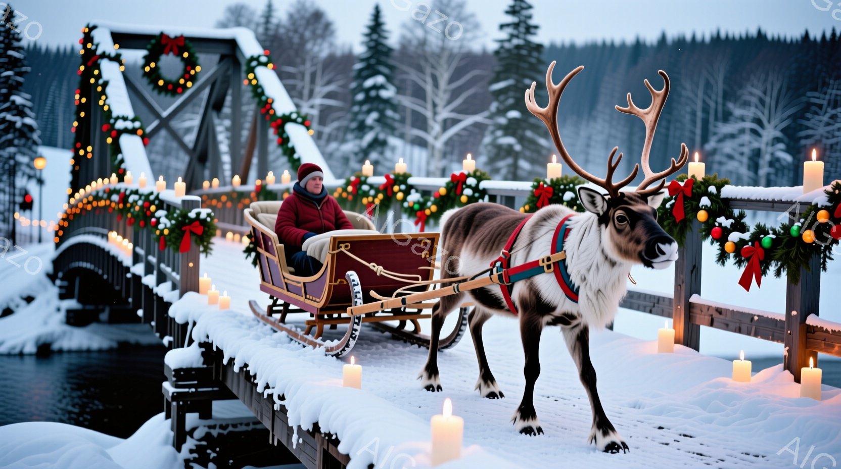雪に覆われた木製の橋の上を、トナカイが引くそりが進んでいます。赤いコートを着た人物がそりに座っており、穏やかな表情をしています。背景には雪景色が広がり、橋にはキャンドルやクリスマスリースが飾られ、暖か - AI生成フリー素材