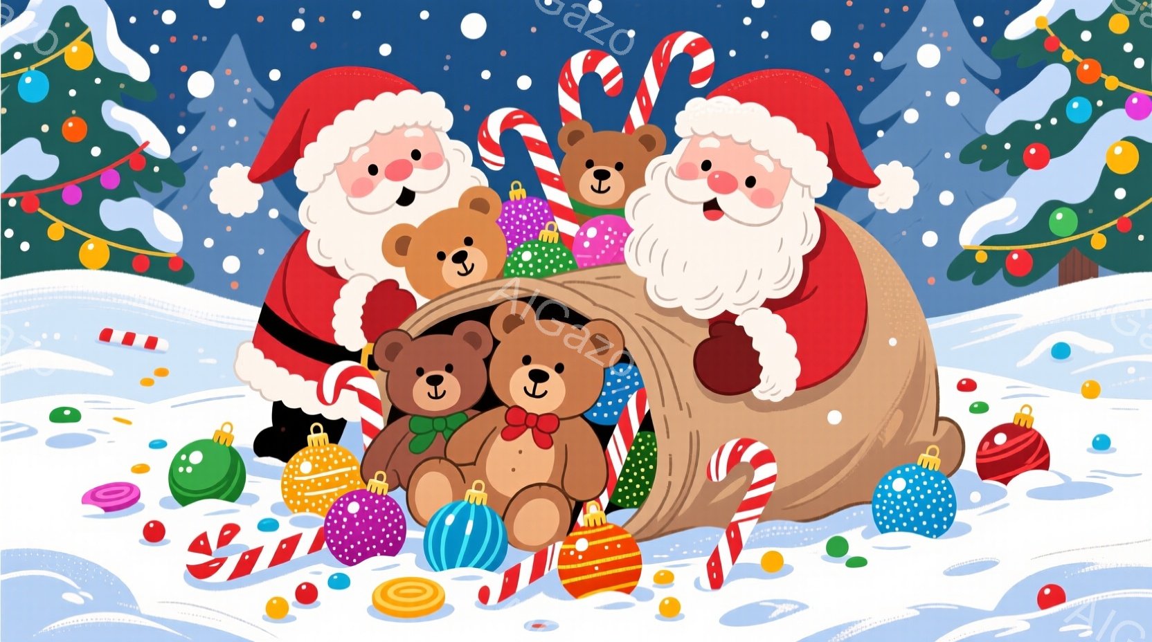 サンタクロースが大きな袋から顔を出し、中にいるテディベアたちを見守っています。袋の中には、カラフルなオーナメントやキャンディケーン、お菓子が散りばめられており、雪が舞う背景は冬の暖かく楽しい雰囲気を醸 - AI生成フリー素材