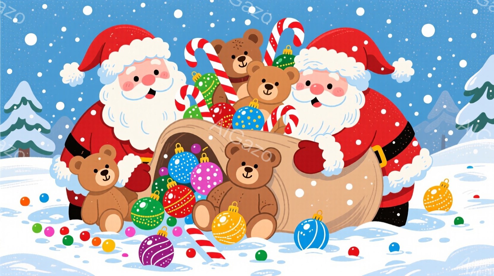 サンタクロースが大きな袋から様々なクリスマスオーナメントを取り出しており、その周りには可愛らしいテディベアたちが集まっています。背景には雪景色が広がり、遠くには緑色の木々が見えます。全体的に暖かく、楽 - AI生成フリー素材