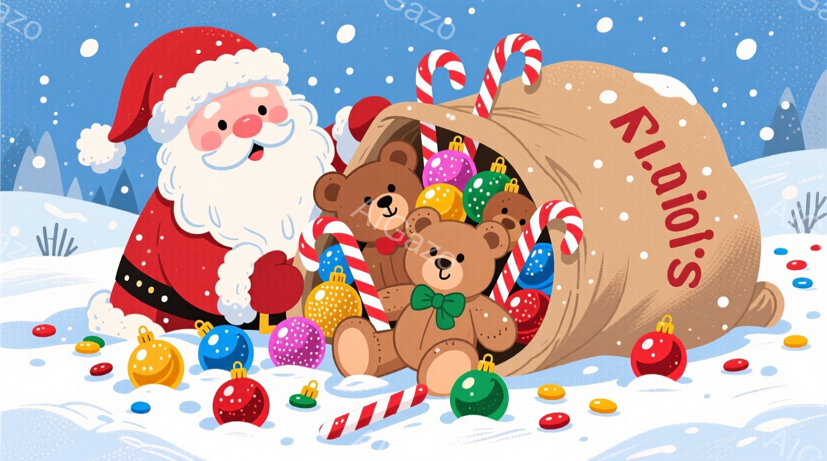 サンタクロースは赤い衣装と白い髭、ふさふさとした白い髪で、笑顔を浮かべています。大きな袋からテディベアや色とりどりのオーナメント、キャンディケーンが溢れ出し、雪が降る冬の背景に配置されています。全体的 - AI生成フリー素材