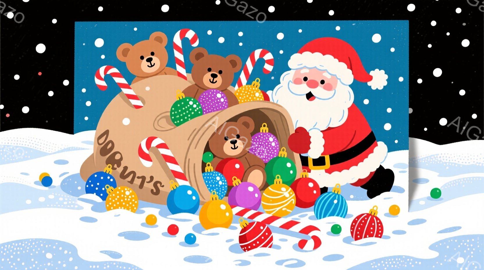 サンタクロースが、プレゼントがいっぱい詰まった袋から、テディベアやオーナメントを取り出している様子が描かれています。サンタクロースは赤い衣装に白いひげを生やし、笑顔でプレゼントを広げています。背景は雪 - AI生成フリー素材