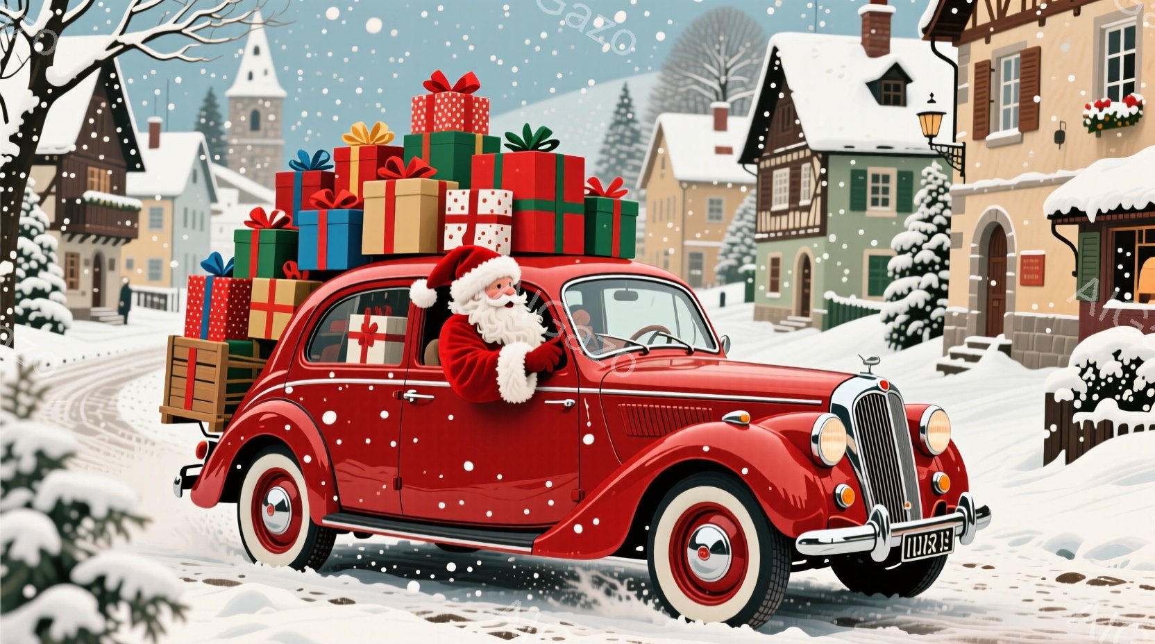 真っ赤なクラシックカーが雪景色の中を走っており、後部座席と屋根には色とりどりのプレゼントの山が積み上げられています。サンタクロースが運転席から片手を出し、嬉しそうな表情を浮かべています。背景には、雪で覆われた可愛らしい家々が並び、クリスマスの暖かく幻想的な雰囲気が漂っています。