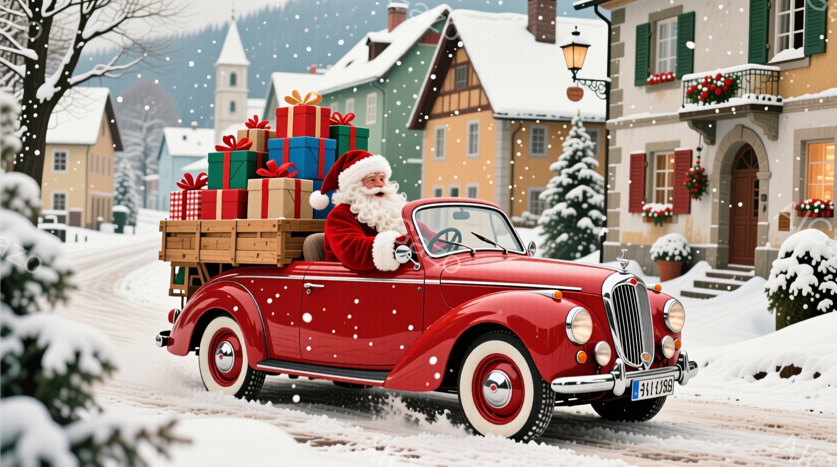赤いクラシックカーの運転席には、サンタクロースが笑顔で座っており、赤い帽子と伝統的な赤い服を着ています。車には、カラフルな包装紙でラッピングされたたくさんのプレゼントが積まれた木箱が載っており、雪が舞う静かな冬の村を走行中です。背景には、雪で覆われた家々、クリスマスデコレーション、そしてうっすらと見える山々が広がっており、暖かく、お祭り気分で満ちた雰囲気が漂っています。