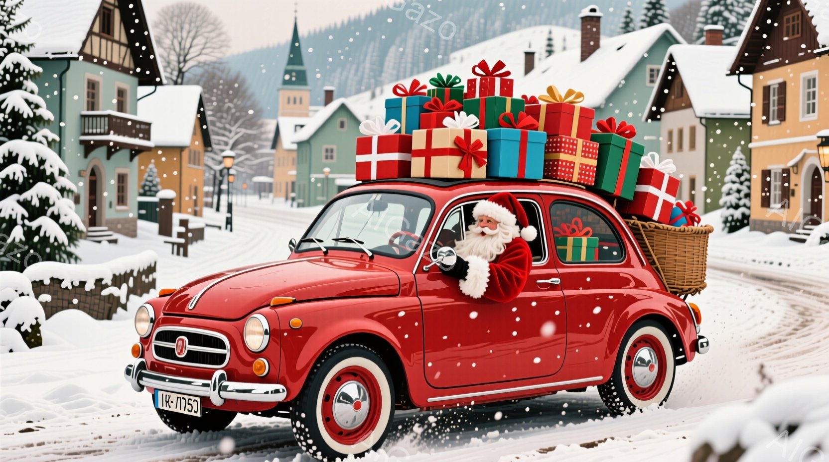 真っ赤なクラシックカーにサンタクロースが運転して、たくさんのカラフルなプレゼントを積んでいます。彼は赤い衣装を着て、白いひげを蓄え、楽しそうに手を振っています。背景には雪景色と、可愛らしい建物が並び、 - AI生成フリー素材