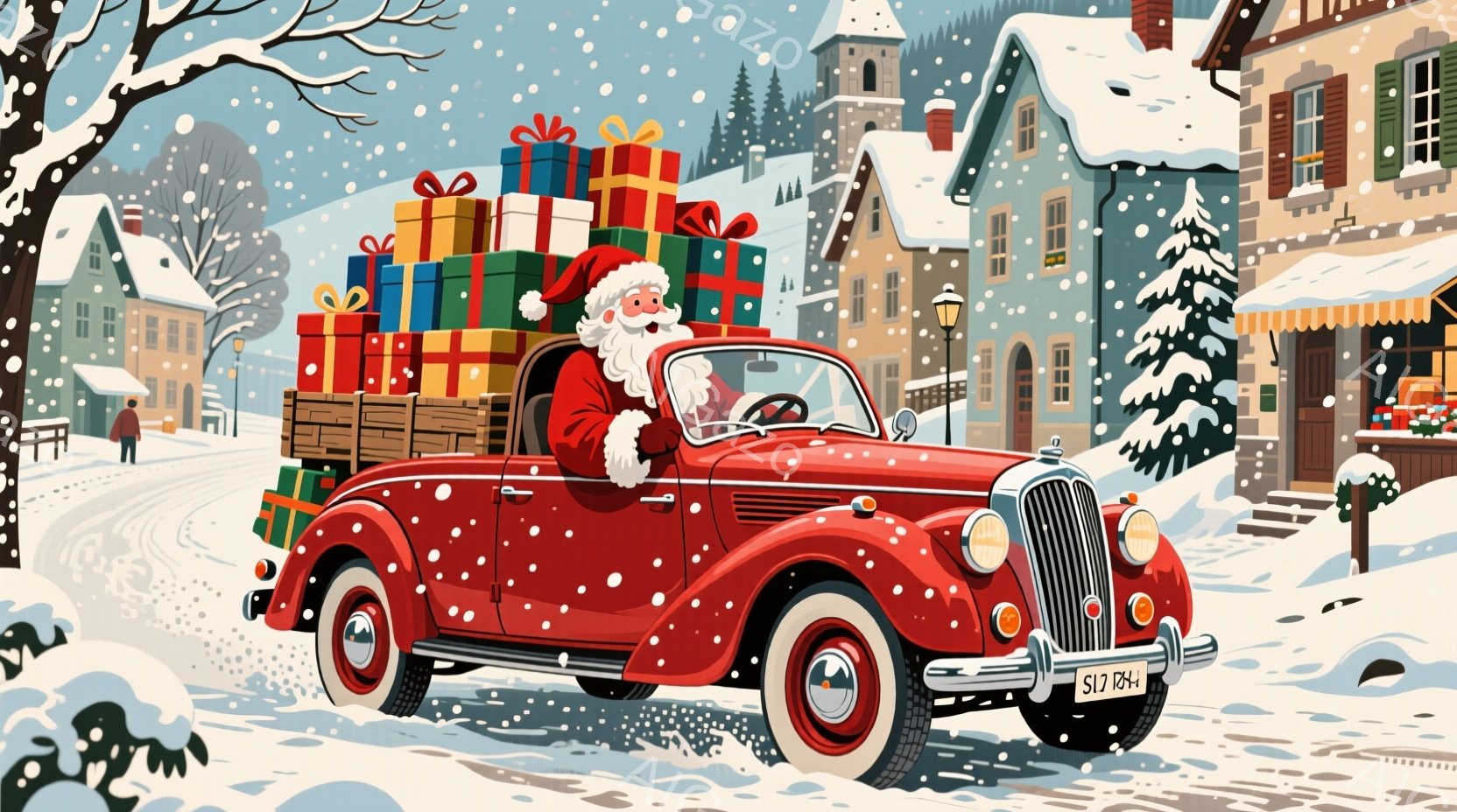 真っ赤なクラシックカーにサンタクロースが乗り、大量のプレゼントを積んで運転している様子が描かれています。サンタは赤い衣装を身につけ、白いひげを蓄え、笑顔でハンドルを握っています。背景には雪景色の中に家々が並び、クリスマスの飾り付けが施され、暖かい祝祭の雰囲気が漂っています。