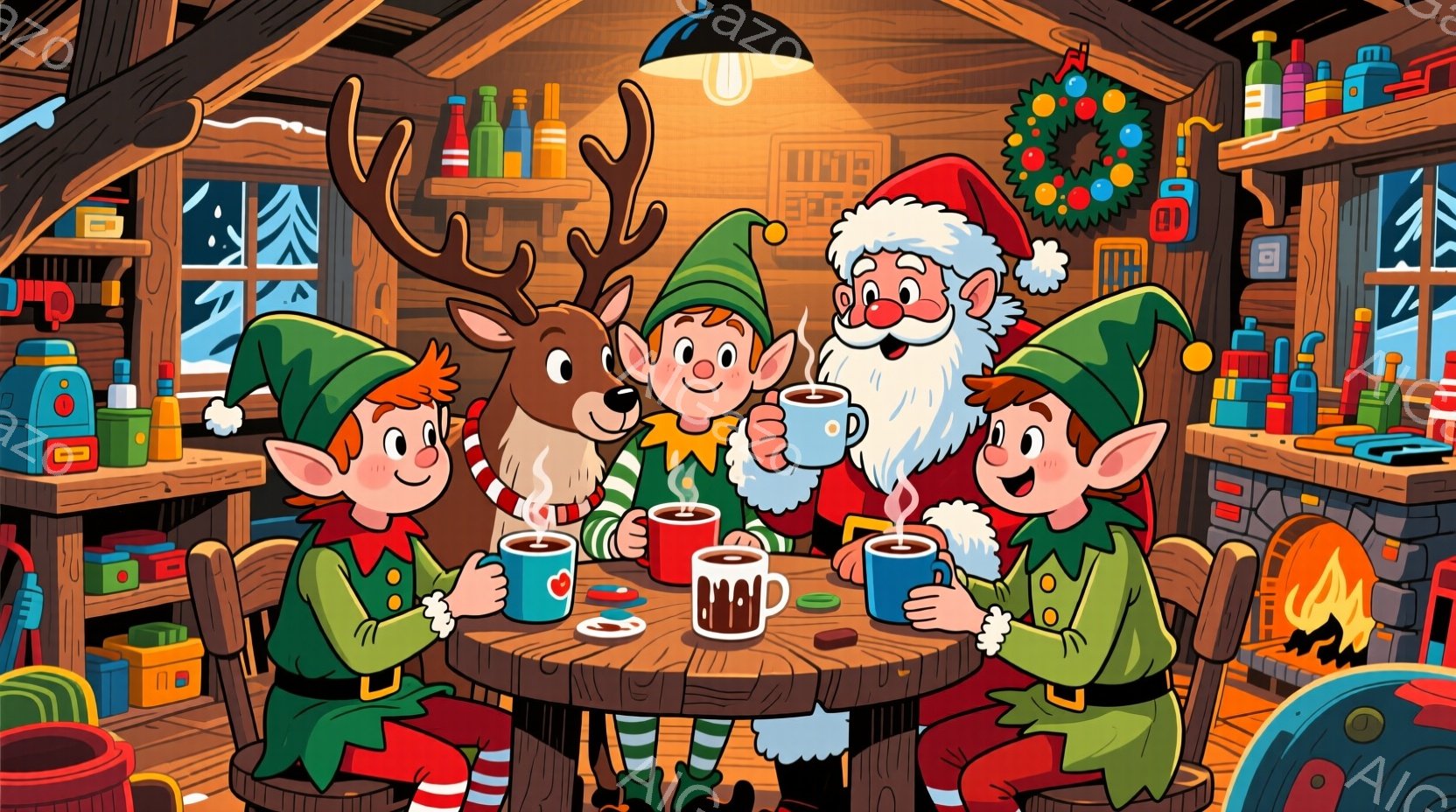 暖炉のある木の家の中で、サンタクロースと3人のエルフが円卓を囲んで温かい飲み物を楽しんでいます。エルフたちは緑の衣装に赤い靴下を履き、それぞれ異なる髪の色と表情をしています。背景には、おもちゃやキャン - AI生成フリー素材