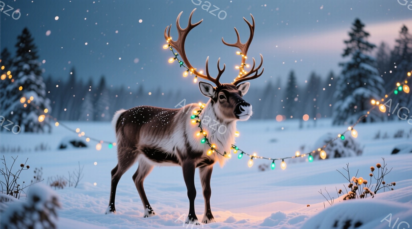 雪景色の中に一頭のトナカイが立っている。その角には色とりどりのイルミネーションが巻き付けられており、体は雪に汚れていない。背景には暗い森が広がり、遠くには薄い光が差し込んでいる。 - AI生成フリー素材
