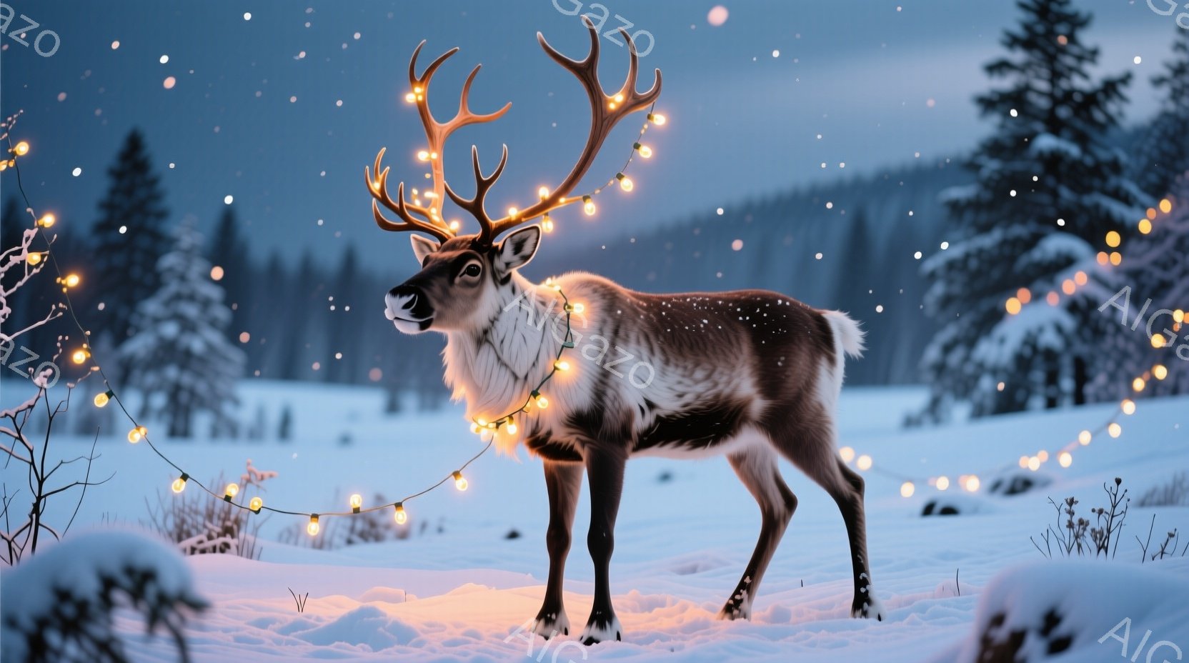 白い雪景色の中に、角に電飾を巻き付けたトナカイが立っている。トナカイは凛々しい表情で正面を見据え、冬の森にひっそりとたたずんでいる。背景には雪に覆われた木々が広がり、穏やかで幻想的な雰囲気を醸し出して - AI生成フリー素材