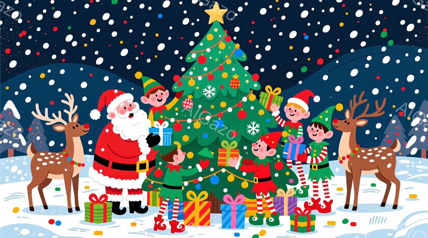 鮮やかなクリスマスツリーを囲んで、サンタクロースとエルフたちがプレゼントを配っています。サンタクロースは赤い衣装に白い髭、エルフたちは緑や赤の帽子と衣装を着て、楽しそうな表情をしています。背景には雪が - AI生成フリー素材