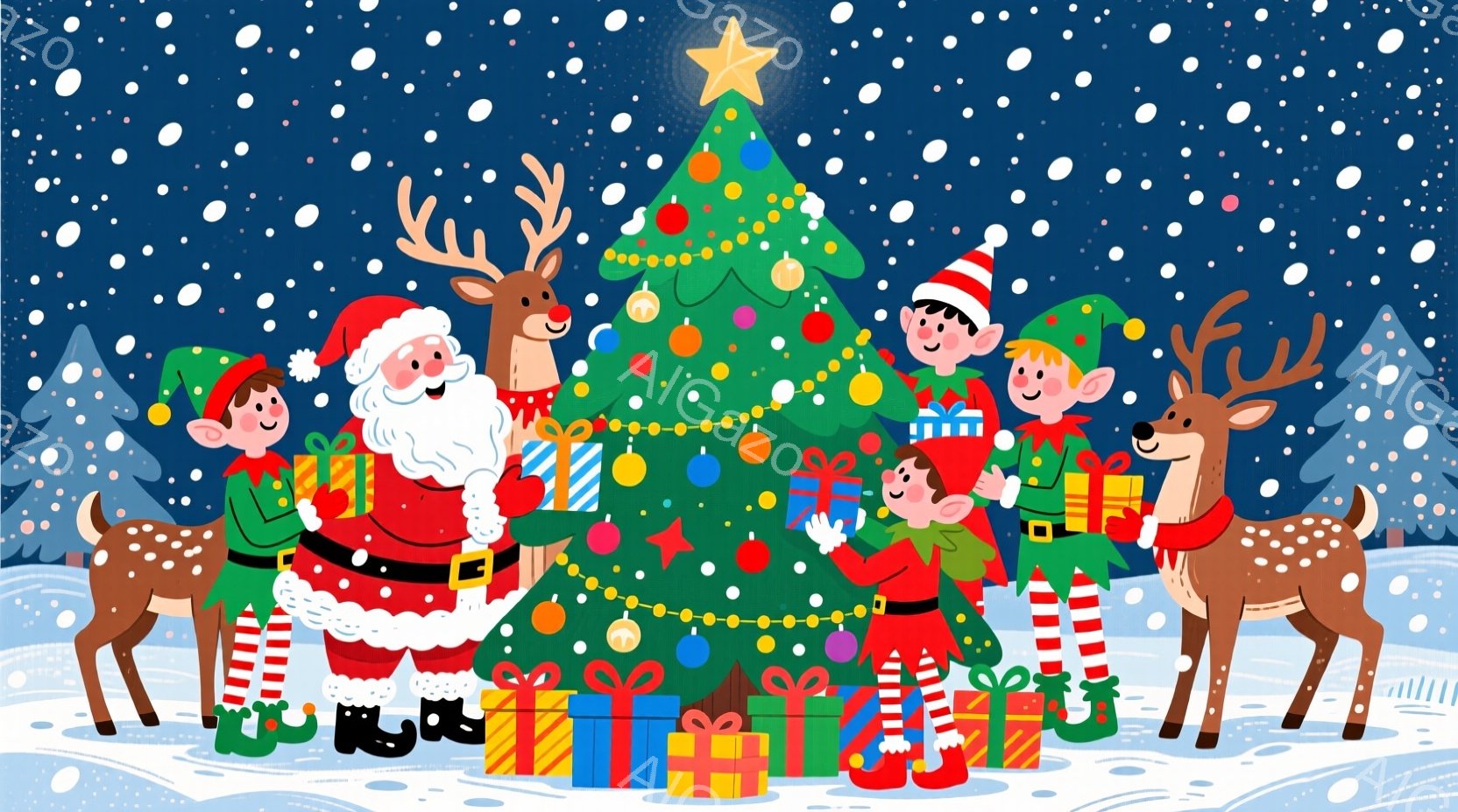 クリスマスツリーを中心に、サンタクロースとエルフたちがプレゼントに囲まれて楽しそうに立っています。サンタクロースは赤い衣装を着て笑顔を見せ、エルフたちは緑色の衣装に赤い縞模様の靴下を履き、プレゼントを - AI生成フリー素材