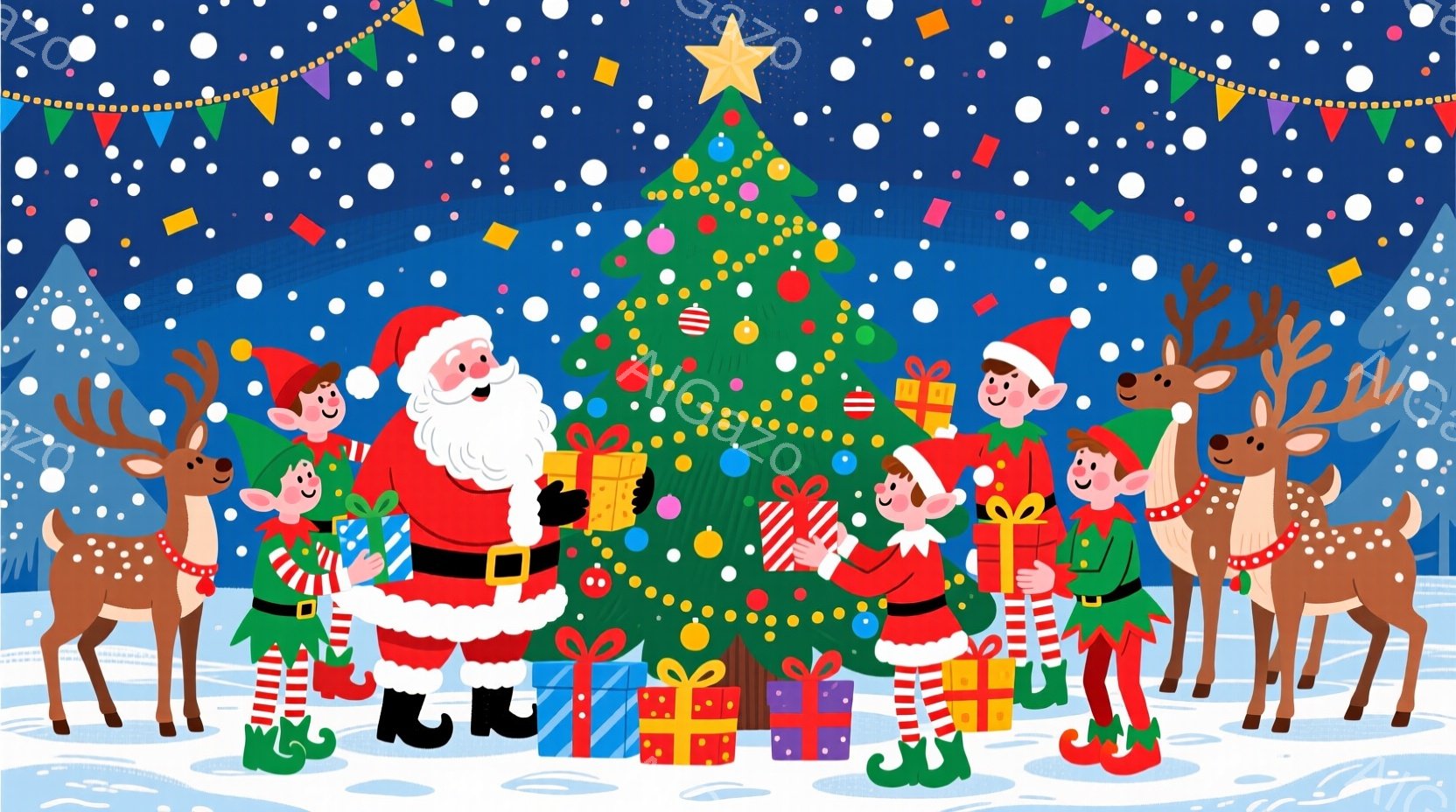 クリスマスを祝う賑やかなシーンが描かれています。サンタクロースは赤い衣装を身につけ、プレゼントの箱を抱え、笑顔で立っています。周りには、緑色の服を着たエルフたちがプレゼントを抱えたり、鹿が立っている雪 - AI生成フリー素材