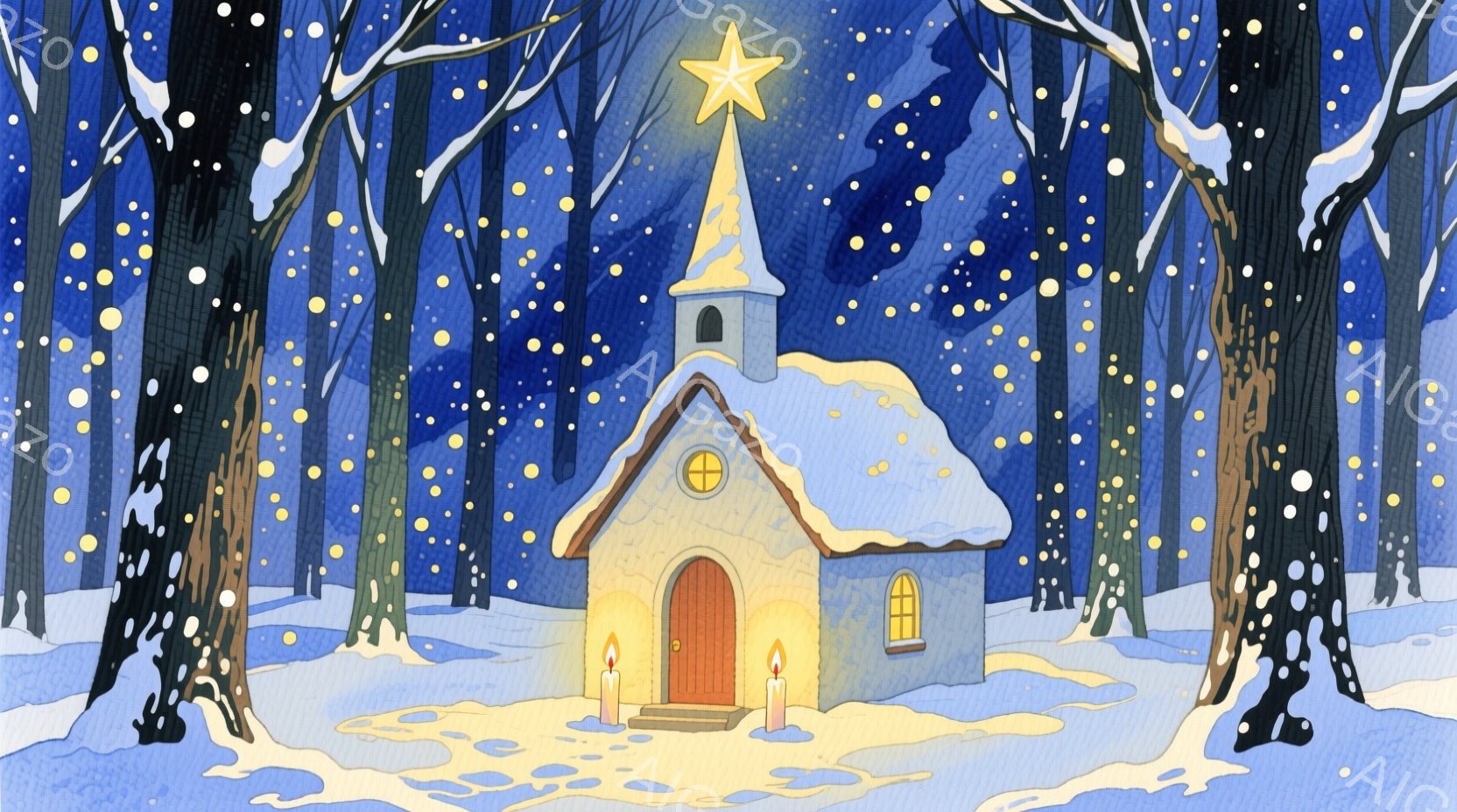 雪が降り積もる森の中に、小さな可愛らしい教会が建っています。教会の屋根には雪が積もり、正面の扉の近くには灯された蝋燭が並べられています。夜空には星が輝き、教会の窓から暖かな光が漏れて、静かで幻想的な冬の雰囲気を醸し出しています。