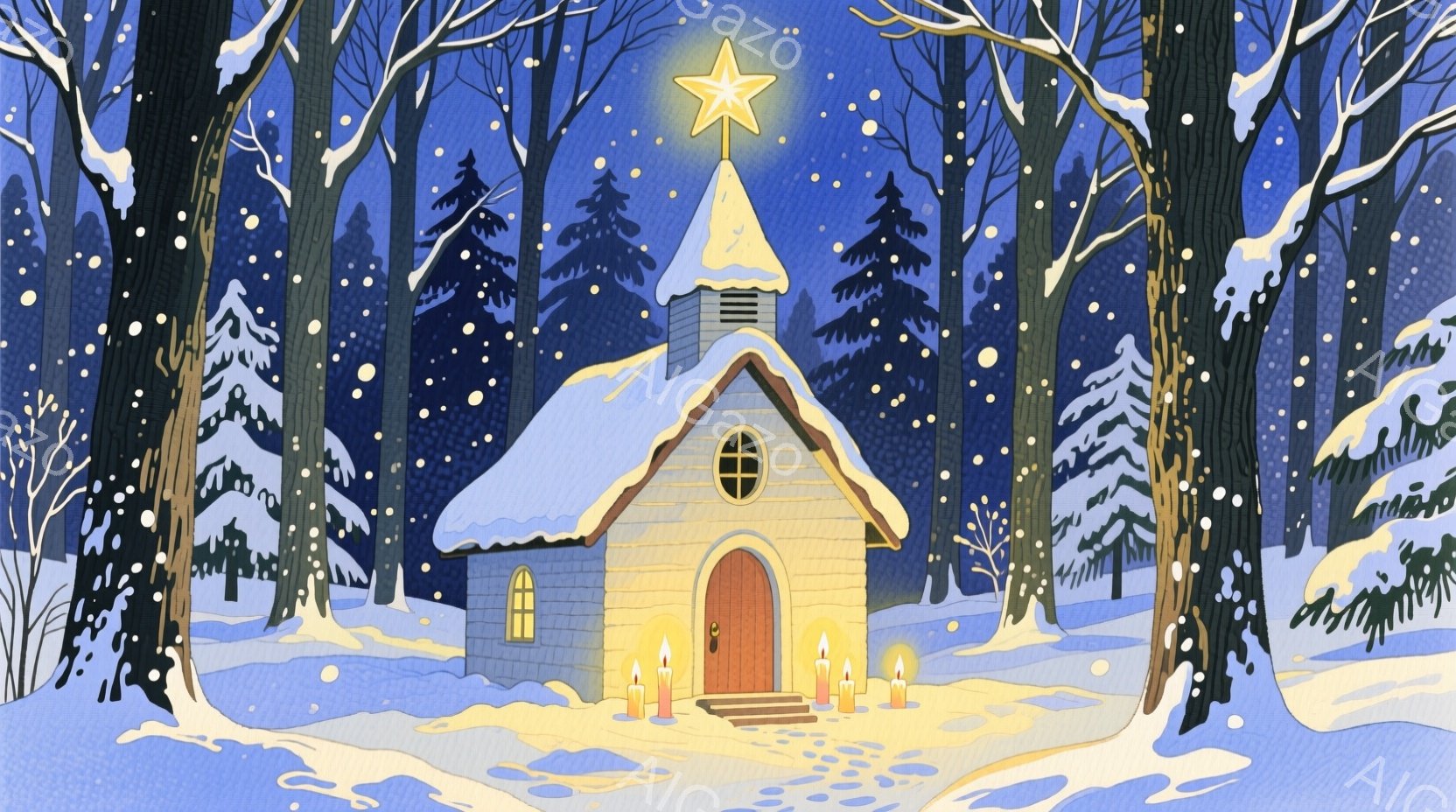 雪が舞い散る夜の森の中に、小さな可愛らしい教会が建っています。教会の屋根には雪が積もり、玄関の前にはランプが灯され、暖かな光が辺りを照らしています。背景には雪化粧をした木々が立ち並び、幻想的で静寂な冬 - AI生成フリー素材