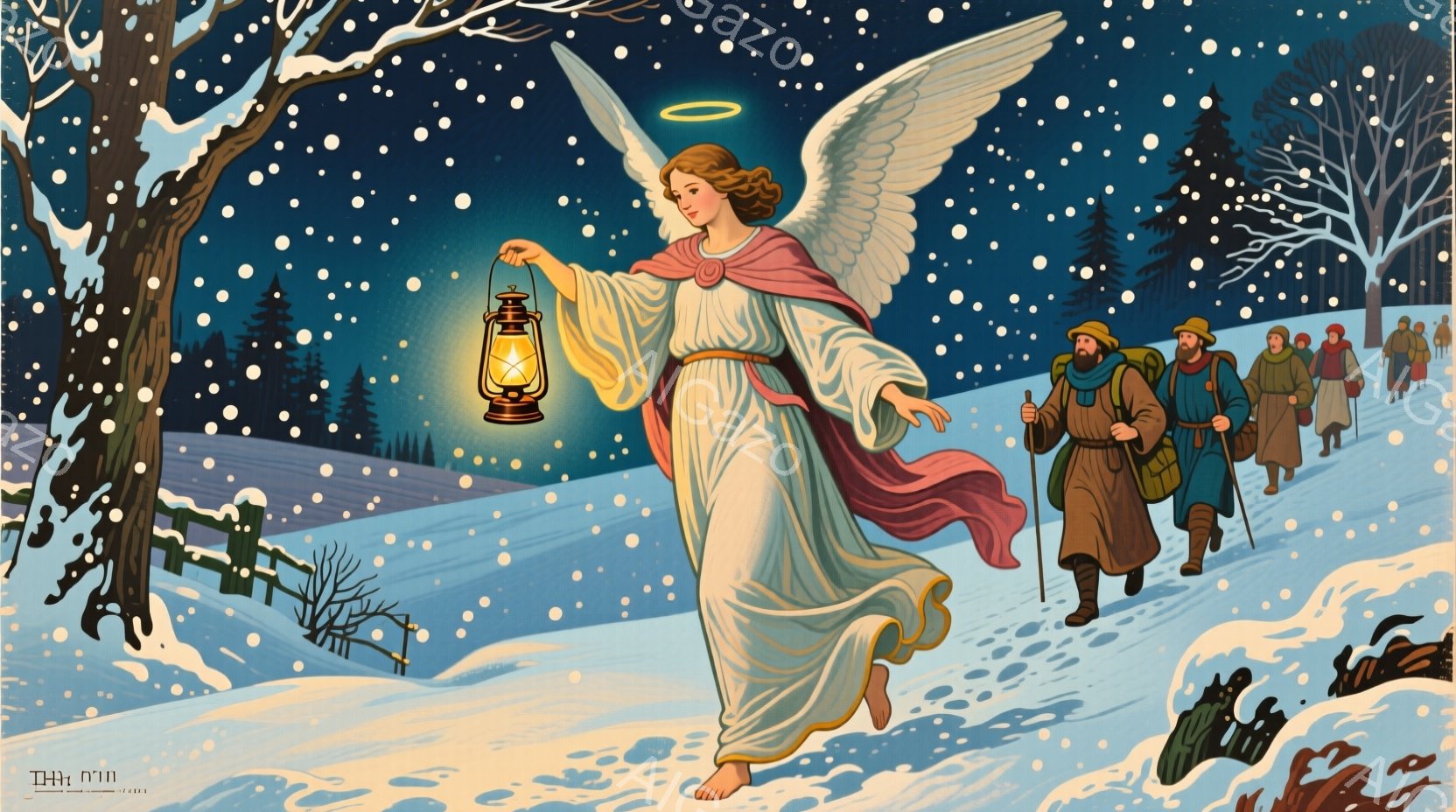 吹雪の中、天使が提灯を掲げ、先導している様子が描かれている。天使は白いローブに薄いピンク色のドレープをまとい、素足で雪上を歩いている。背景には、杖を持った人々が雪の中を歩き、遠くには木々が雪に覆われた冬景色が広がっている。