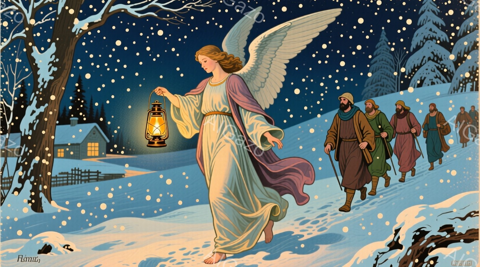 雪が舞う夜の風景で、天使が光を放つランタンを手に、先導して歩いている。天使は白く長い髪を持ち、白いローブを纏い、優雅に歩いている。背景には小さな家々が点在し、数人の男たちがローブを着て、天使に続いて歩 - AI生成フリー素材