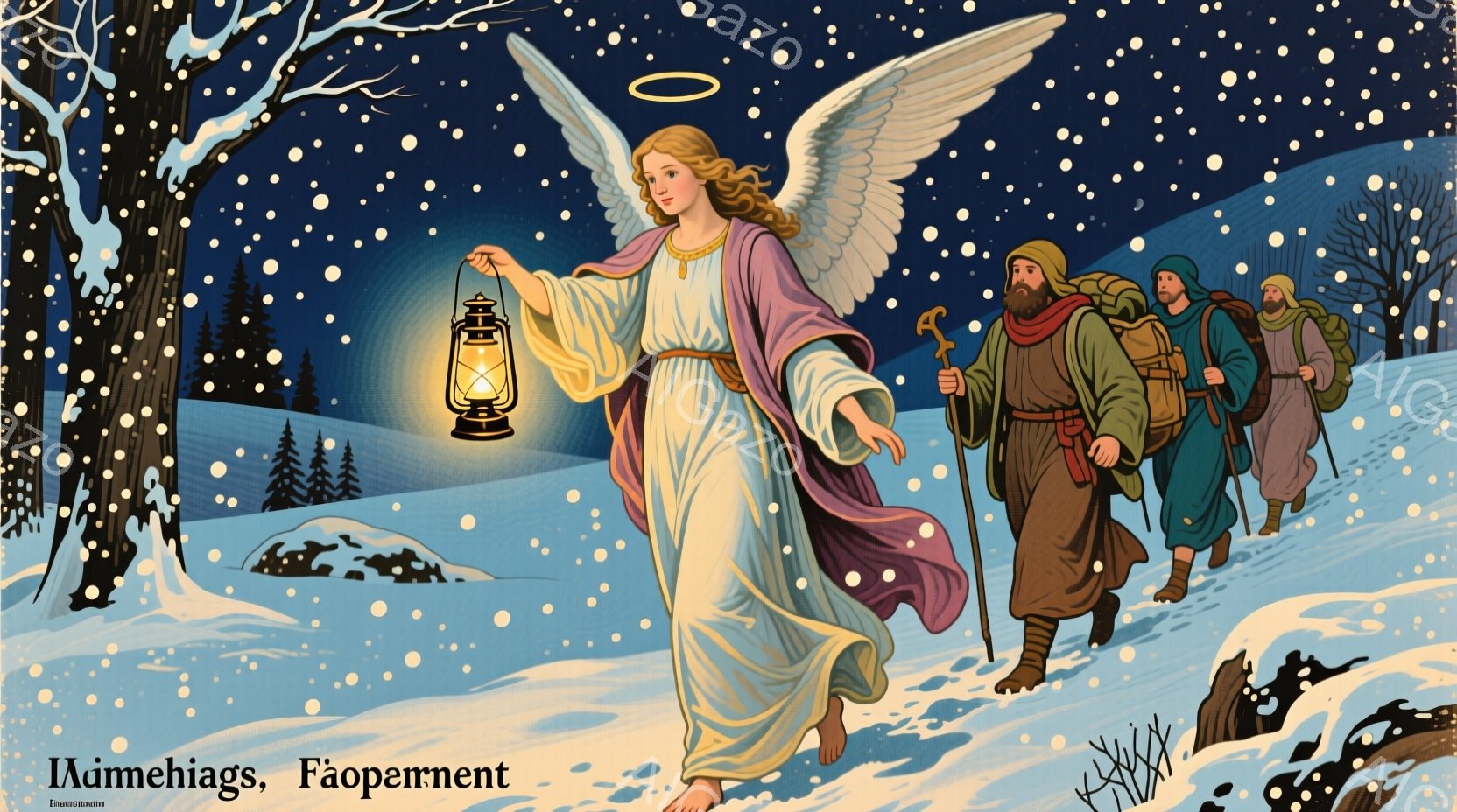 雪が舞う丘陵地帯を、光輪をまとった天使が提灯を手に先導し、足元には粗末な服装の男たちが続いている。天使は白とピンクの長いガウンをまとい、金色の髪を長く垂らし、穏やかな表情を浮かべている。背景には、雪化粧された木々と、遠くに見える丘が広がり、厳寒の中、希望に満ちた静謐な雰囲気が漂っている。