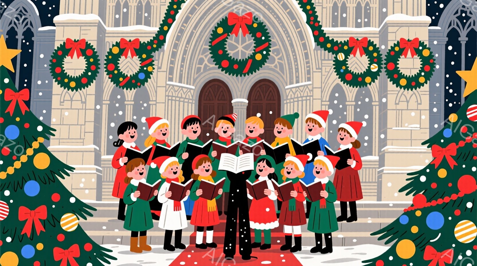 大聖堂の前で、クリスマスの衣装を着た子供たちの合唱団が歌っています。子供たちは赤いサンタ帽、緑のコート、赤いスカートやズボンなどを身に着け、笑顔で楽譜を見ながら歌っています。背景には雪が降り積もり、大聖堂はクリスマスリースや装飾で飾られ、温かくお祝いムードに包まれています。
