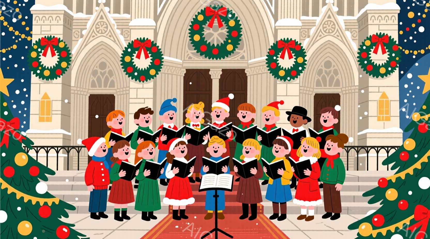 賑やかなクリスマスのキャロラーたちが、石造りの教会前に整列して歌っています。彼らは赤い帽子、緑や赤のコート、手袋を身に着け、笑顔で歌っており、楽しそうな雰囲気が伝わってきます。背景には雪が降り積もり、 - AI生成フリー素材