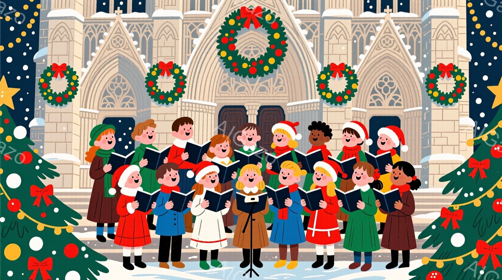 多くの子供たちがクリスマスの衣装を着て、教会の前に整列し、楽譜を見ながら歌っています。彼らは赤い帽子、緑と赤のコート、白い手袋を身に着け、楽しげな表情で歌っています。背景には雪が降り積もるゴシック様式の教会があり、入り口にはクリスマスリースが飾られ、冬の温かくお祝いの雰囲気を醸し出しています。