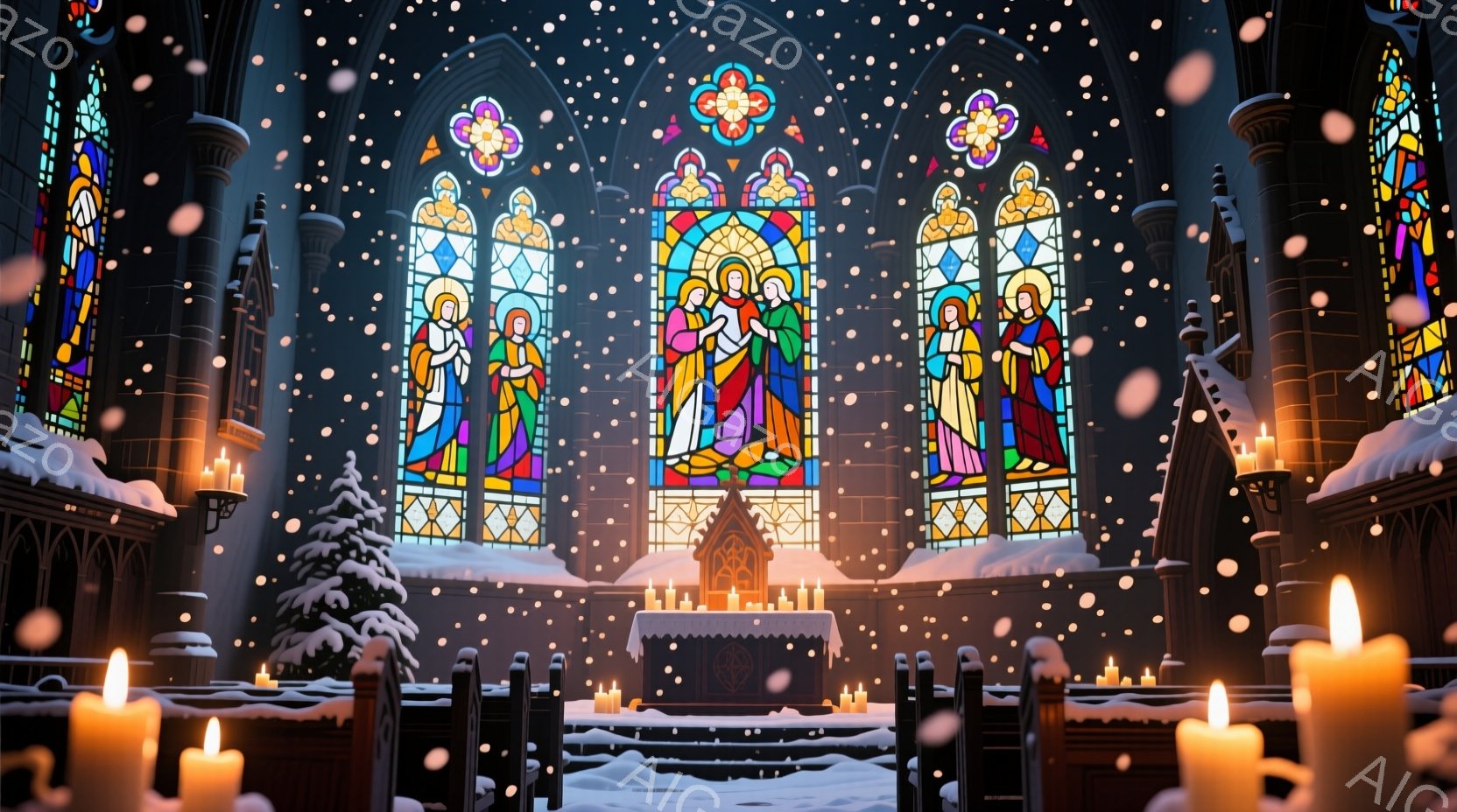 凍てつくような雪の降る中、ステンドグラスが美しい教会内部が描かれている。祭壇には無数のロウソクが灯され、雪景色と相まって神聖で静謐な雰囲気を醸し出している。ステンドグラスには聖母マリアと幼子イエス、そして他の聖人たちが描かれ、暖かく、希望に満ちた光を放っている。