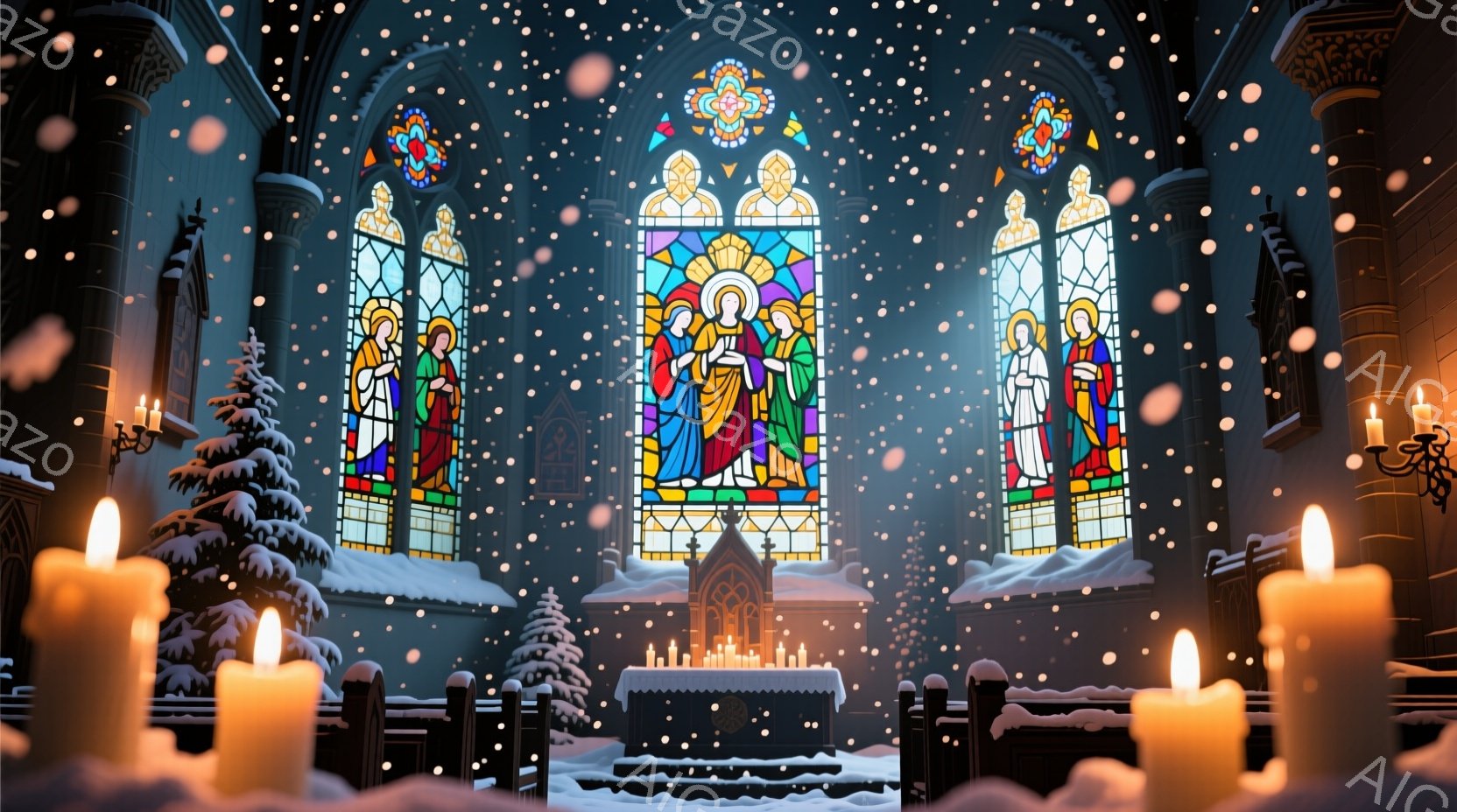 雪が舞う中、ステンドグラスが輝くゴシック様式の教会の内部が見える。祭壇には多くの蝋燭が灯されており、暖かな光が辺りを照らしている。冬の寒さを感じさせる雪景色と、静寂で荘厳な雰囲気が特徴的である。 - AI生成フリー素材