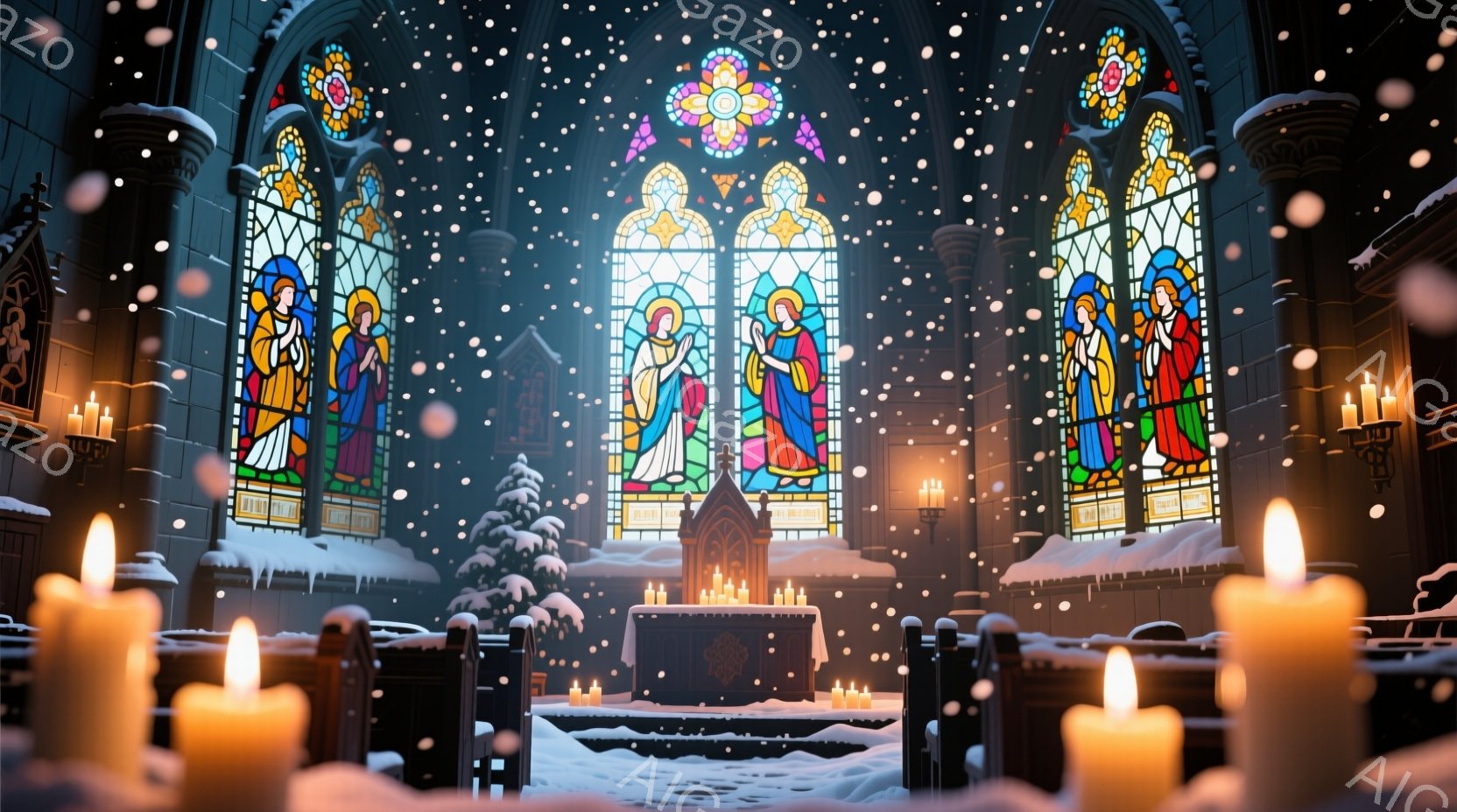 雪が降る中で、ステンドグラスが美しい教会の内部が描かれています。祭壇には多くの蝋燭が灯されており、雪景色を背景に神聖な雰囲気が漂っています。ベンチの列が整然と並び、静寂と神秘的な光が教会全体を包んでい - AI生成フリー素材