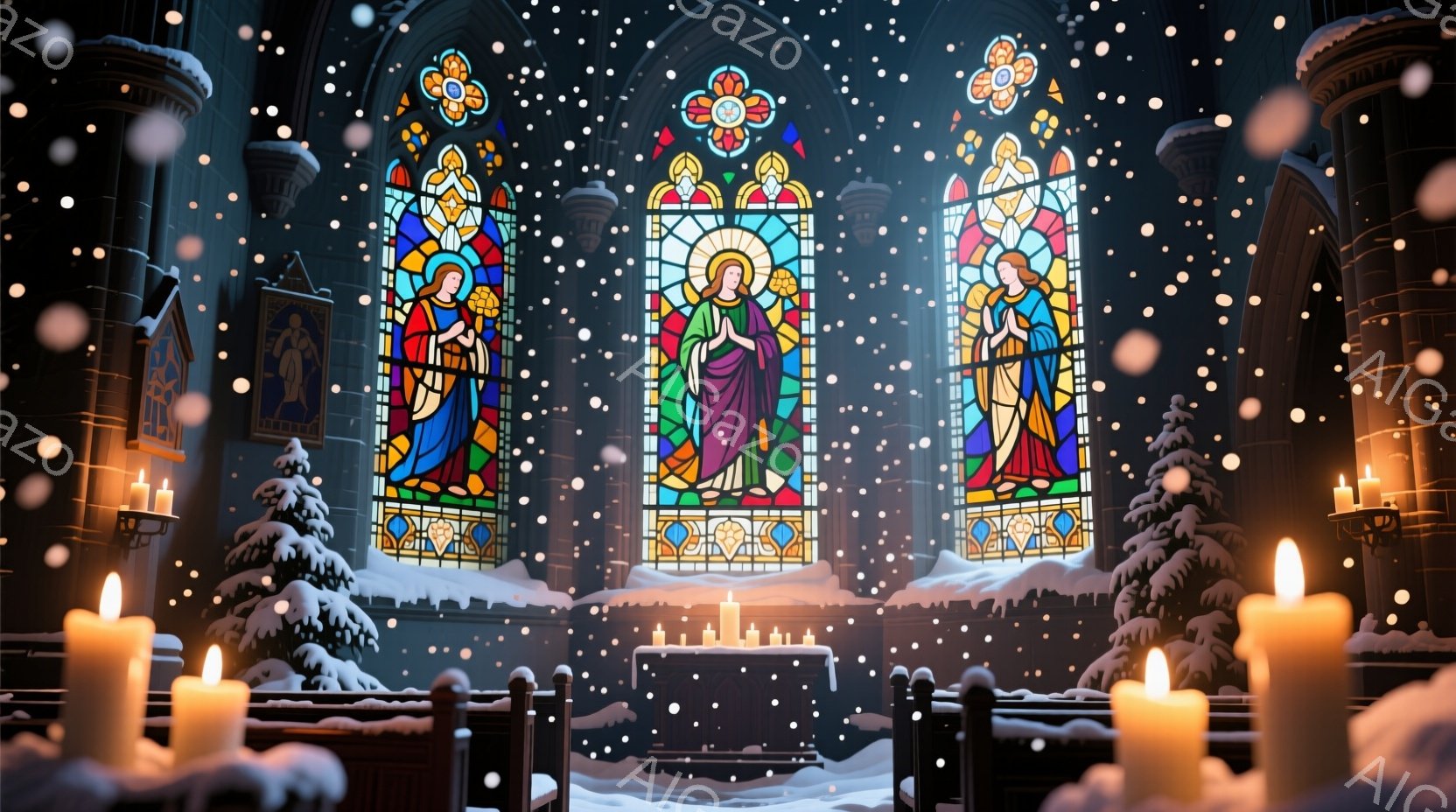 凍てつく冬の夜、ステンドグラスの光が差し込む教会内部が描かれています。祭壇にはロウソクが灯り、雪に覆われた外には松の木が見えます。中央のステンドグラスには、緑色のローブをまとい、両手を広げたイエス・キ - AI生成フリー素材