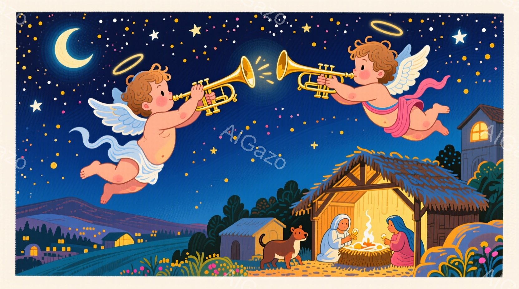深夜の青い空には無数の星が輝き、二人の天使がトランペットを吹きながら空を舞っている。下の風景には藁葺き屋根の小さな家があり、中には幼いイエス・キリストを抱く聖母マリアと、その傍らに佇む人々が見える。家は小さな村の中にあり、遠くには街並みも確認でき、暖かく穏やかなクリスマスの夜の雰囲気が漂っている。