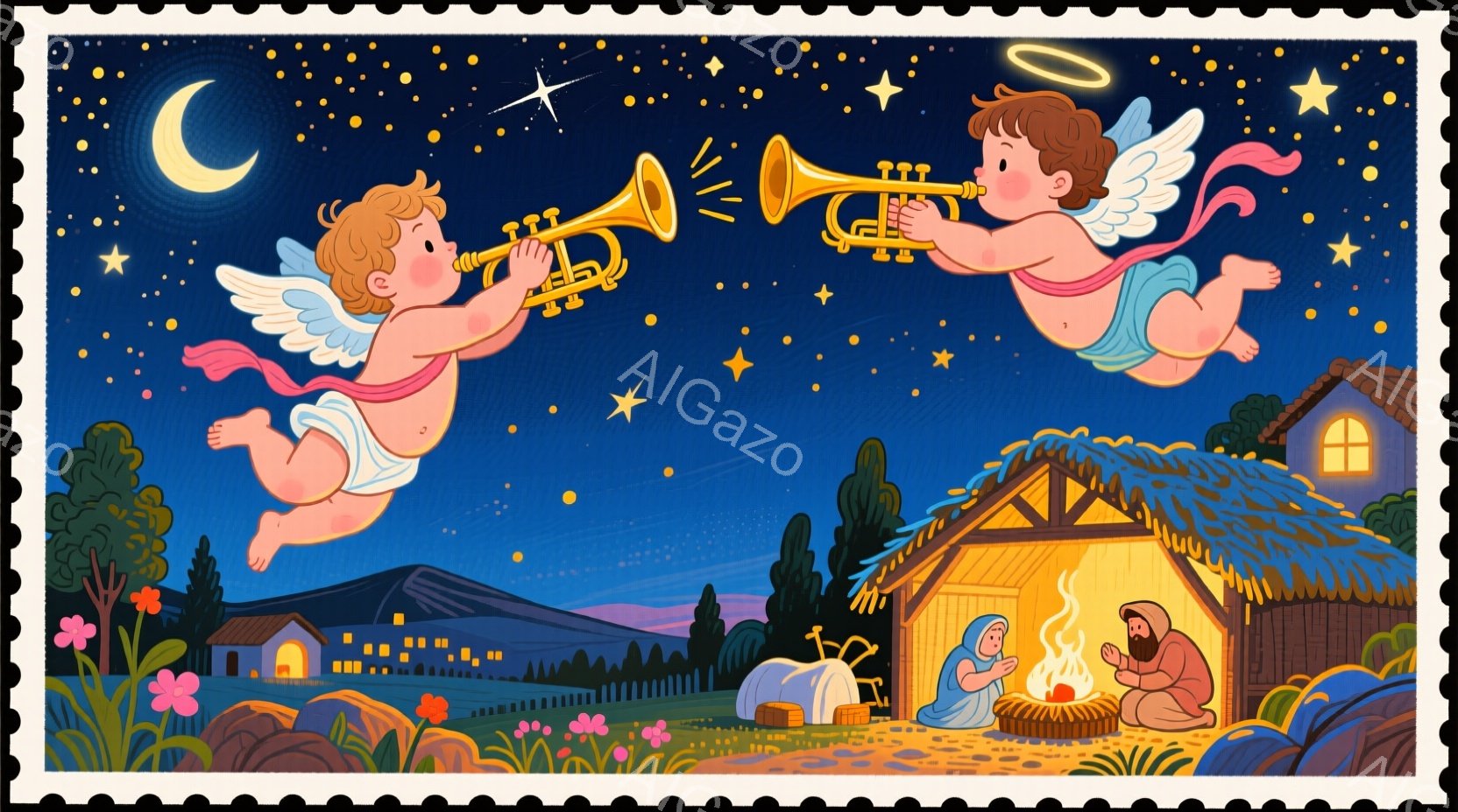 深夜の風景の中に、天使たちがトランペットを吹いています。背景には小さな村の家々が並び、自然豊かな丘と木々が生い茂っています。納屋の中には、マリアとヨセフが幼いイエスを暖かく見守る姿があり、全体的に静か - AI生成フリー素材
