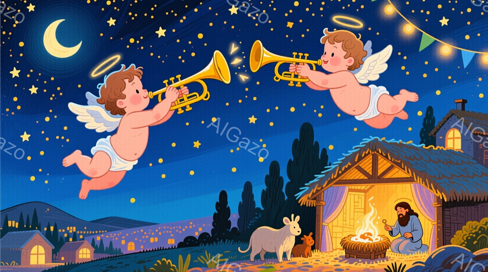 深夜の青い空には星々が輝き、二人の天使がトランペットを吹きながら空を舞っている。 藁葺き屋根の小屋の前には、牛と羊がおり、内部には暖炉の光の中で人がひざまずいて祈っている様子が見える。 全体的に暖かく、静かで、神聖な雰囲気が漂っている。