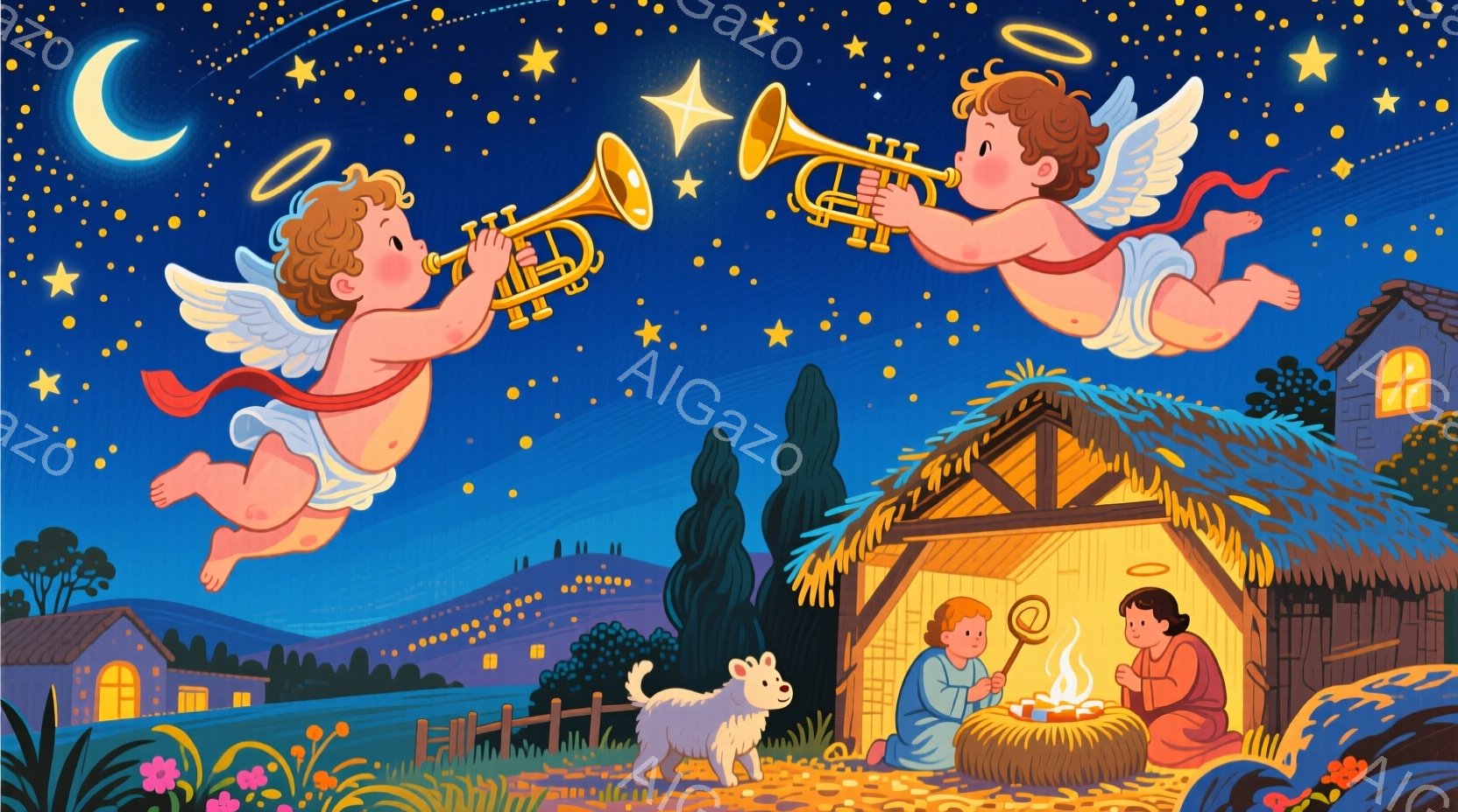 深夜の青い空には、天使たちが金色のトランペットを吹きながら空を舞っている。粗末な小屋の中には、幼いイエスと聖母マリアが寄り添い、暖炉の火が優しく光を灯している。背景には小さな村が広がり、緑豊かな丘陵と暗闇に浮かぶ家々が、静寂で神聖な雰囲気を醸し出している。