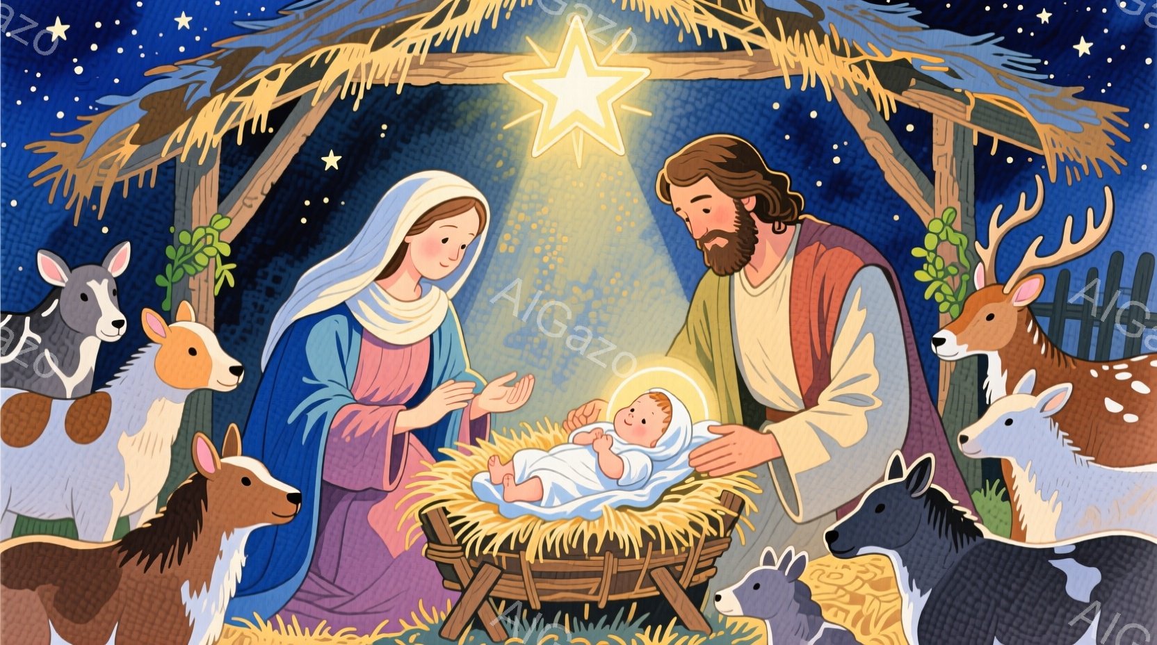 イエス・キリストの誕生場面が描かれています。マリアは赤いドレスと青いベールを身につけ、優しい表情で幼いイエスを見守っています。夫のヨセフは茶色のローブを着て、少し緊張した表情でイエスを見つめており、周囲には家畜や羊、牛などが集まって温かい雰囲気を醸し出しています。