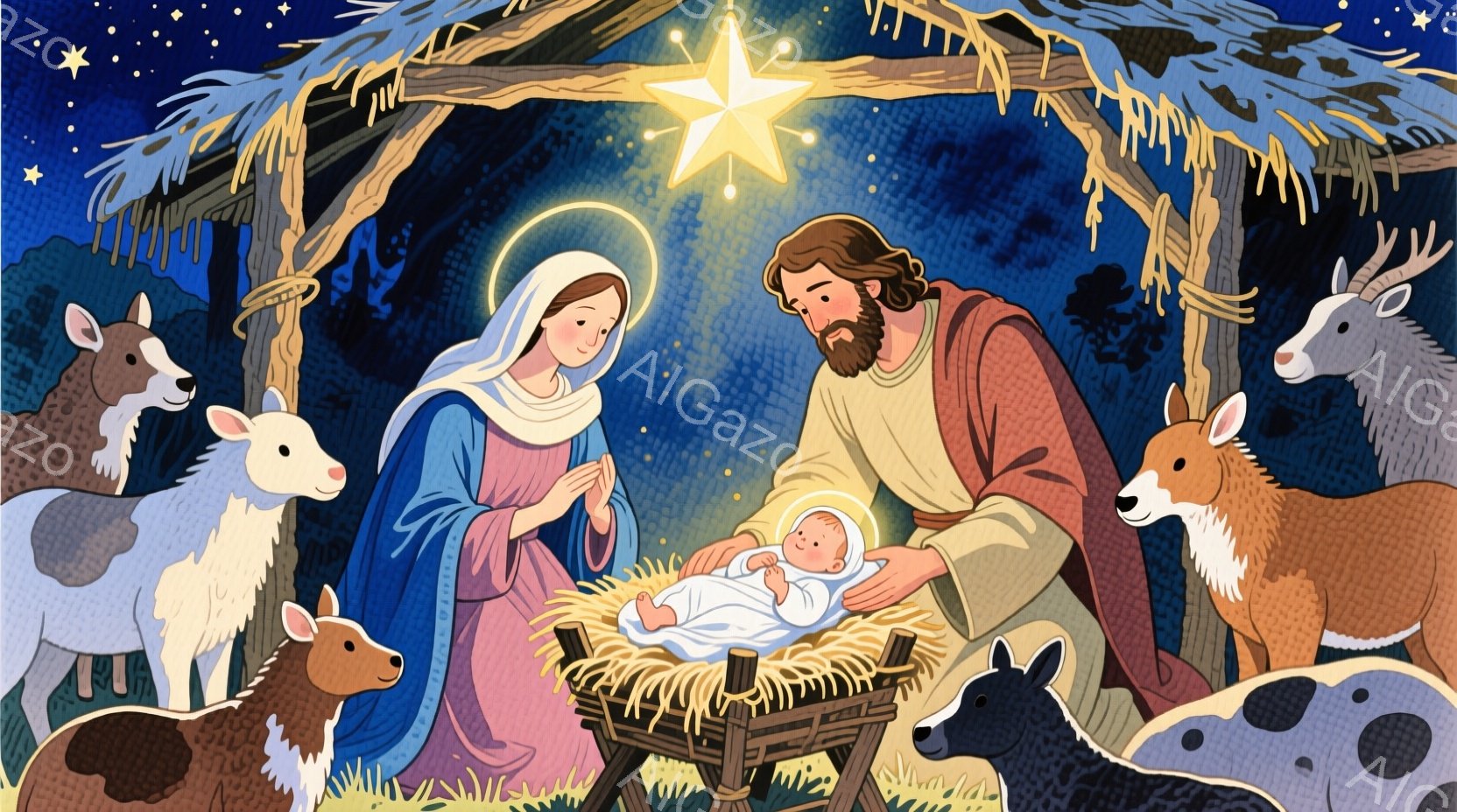 幼いイエスが藁の中に横たわり、母親のマリアと父親のヨセフに見守られています。マリアは青いローブと白い頭巾を被り、優しい表情でイエスを見つめています。ヨセフは茶色の髪と髭を持ち、穏やかな微笑みを浮かべながらイエスを見守り、背景には牛や羊などの動物たちが寄り添い、夜空には星が輝いています。