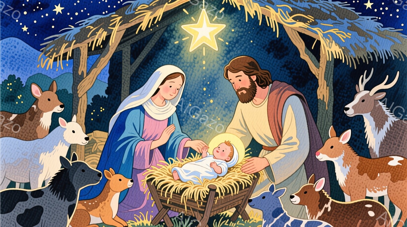 幼いイエス・キリストが干し草の入った飼葉桶の中に横たわっており、母親のマリアと父親のヨセフが優しく見守っています。マリアは青いローブと白い頭巾を被り、ヨセフは白いローブを羽織っています。背景には、雪に覆われた丘、松の木、そして様々な動物たちが描かれ、星明かりの下、穏やかで温かいクリスマスの雰囲気が漂っています。