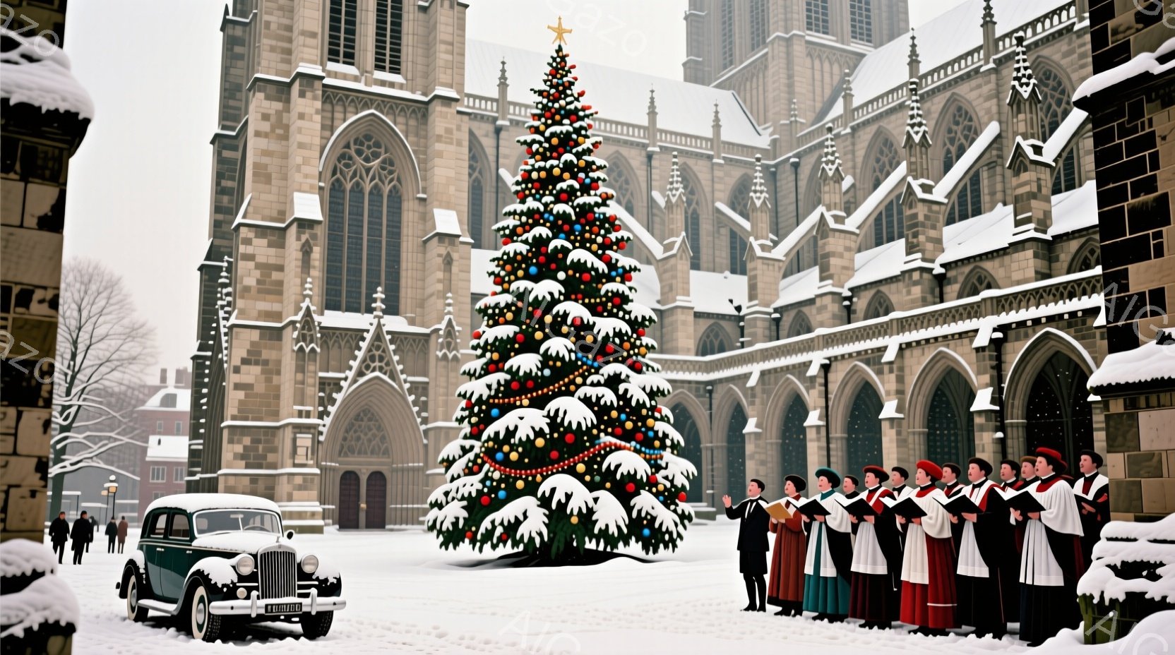 荘厳なゴシック様式の建物が背景に広がり、雪景色の中に巨大なクリスマスツリーがそびえ立っています。人々は赤い、緑、または白いローブを着て、クリスマスキャロルを歌うように整列しており、それぞれ厳かで敬虔な表情を浮かべています。クラシックカーがツリーの隣に停まっており、冬の厳しさとクリスマスの暖かさが共存する、ノスタルジックで神聖な雰囲気を醸し出しています。