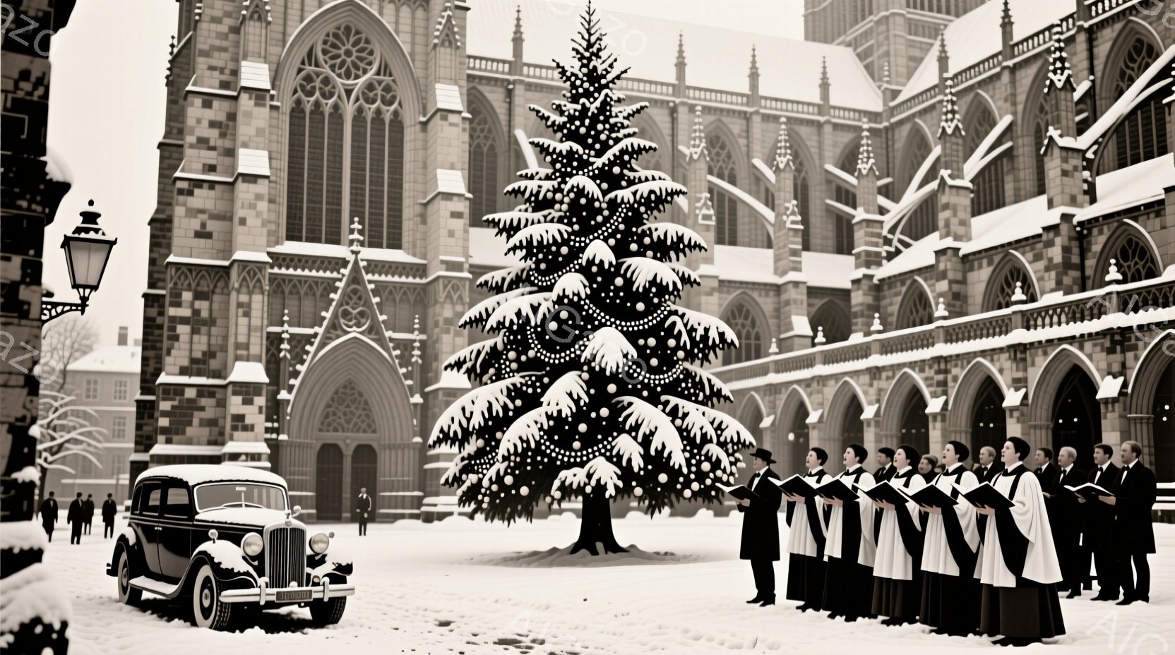 白い雪が降り積もる中で、石造りの壮大なゴシック様式の教会前に、白い衣装をまとった少年たちの合唱団が整然と並び、歌を歌っている。古風な黒い自動車が教会の左側に停まっており、雪景色の中に歴史的な雰囲気が漂っている。全体的に厳かで静寂なクリスマスの光景が表現されている。