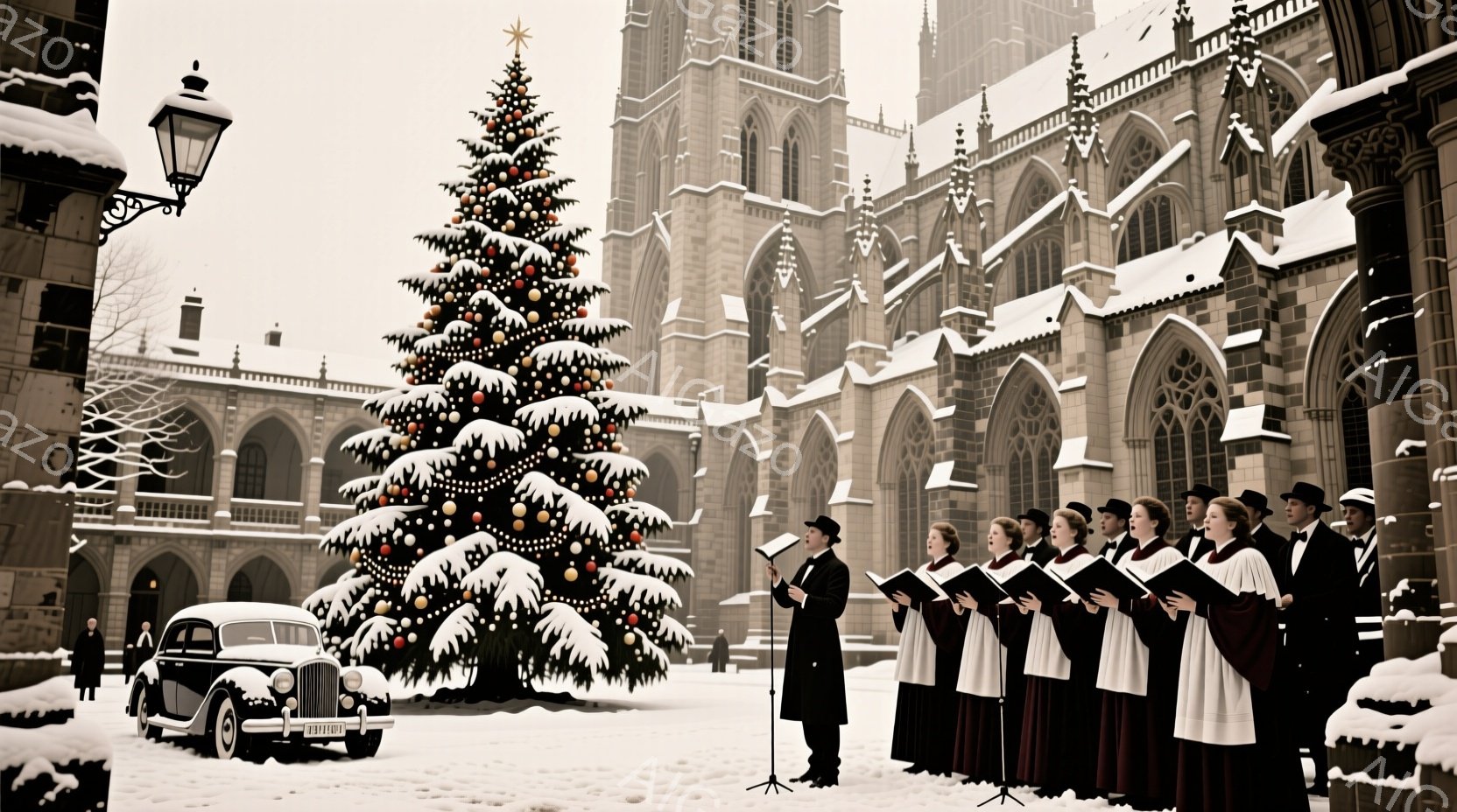白い雪に覆われた石造りのゴシック様式の建物の前に、クリスマスツリーとコーラス隊が立っている。コーラス隊は皆、黒いスーツまたは赤いローブを着ており、楽譜を手に歌っている。雪が舞い降りる中、荘厳で静寂なクリスマスの雰囲気が漂っている。